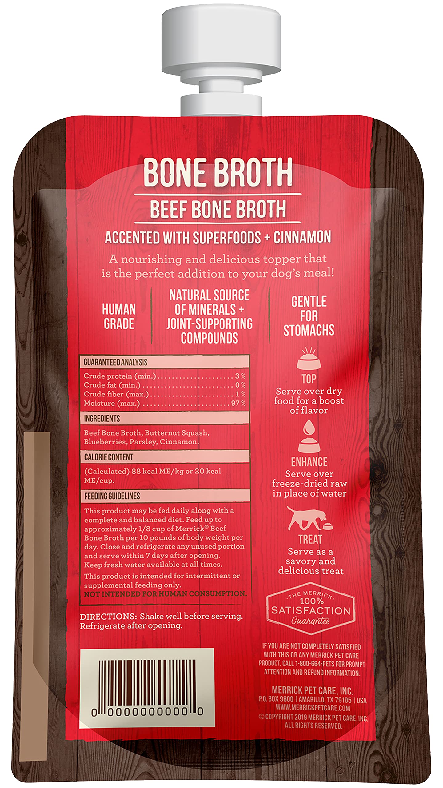 Merrick Grain Free Bone Broth, Premium Human Grade And Gluten Free Dog And Cat Food Topper Pouches, Beef - 7 oz. Pouch