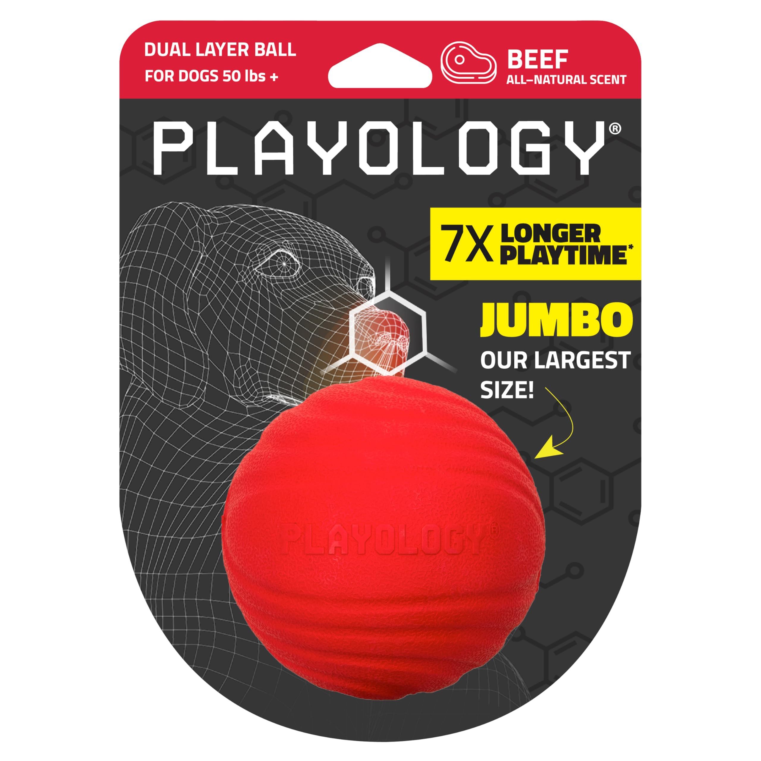 Playology Dual Layer Ball For Dogs | Engaging All Natural Beef Scented Red Toy | Jumbo Sized Chew Ball For Large To X-Large Dogs