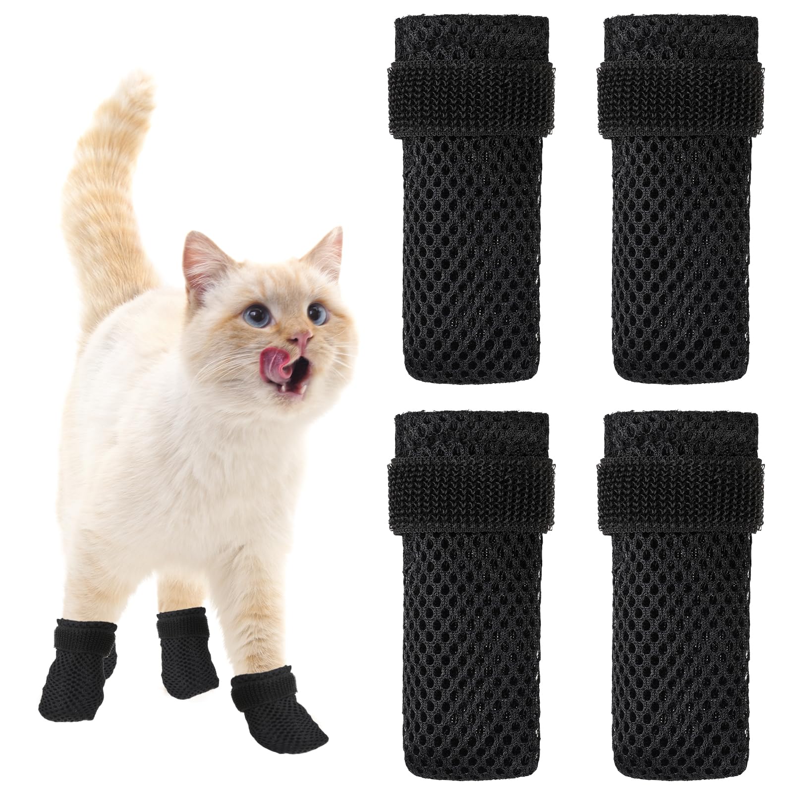 Kalione Cat Boots, 4 Packs Cat Claw Covers, Black Anti Scratch Cat Mittens, Breathable Mesh Cat Foot Covers, Adjustable Cat Claw