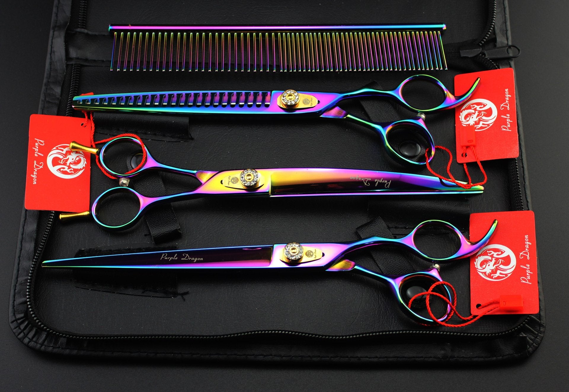 Purple Dragon 7.0''/8.0'' 3 In 1 Top-Level Professional Pet Grooming Thinning Or Chunker Scissors - Downward Curved Shears And D