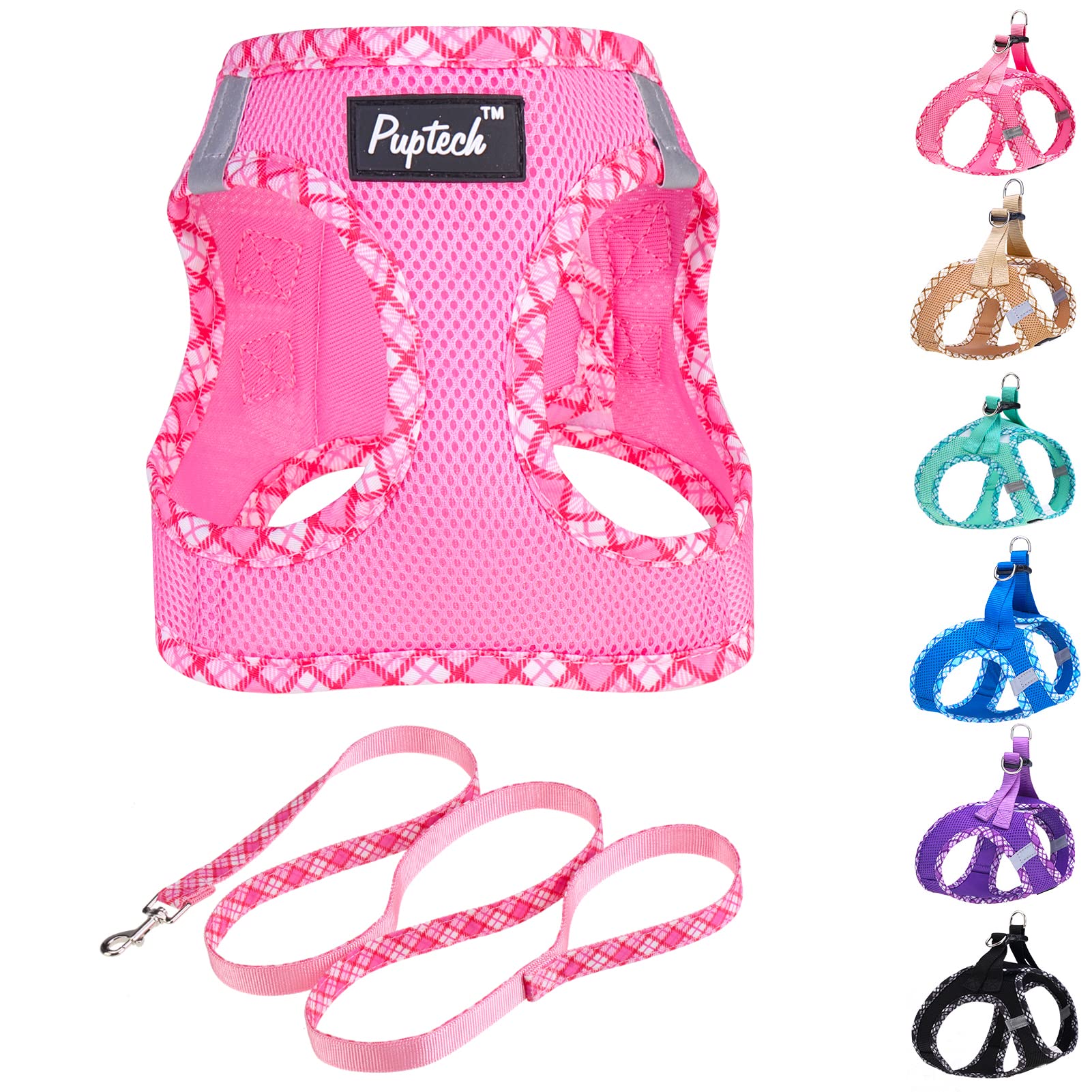 Pupteck Dog Harness And Leash Set For Small Medium Dogs No Pull Step-In Soft Mesh Puppy Cat Vest Harnesses Reflective At Night, Pink L