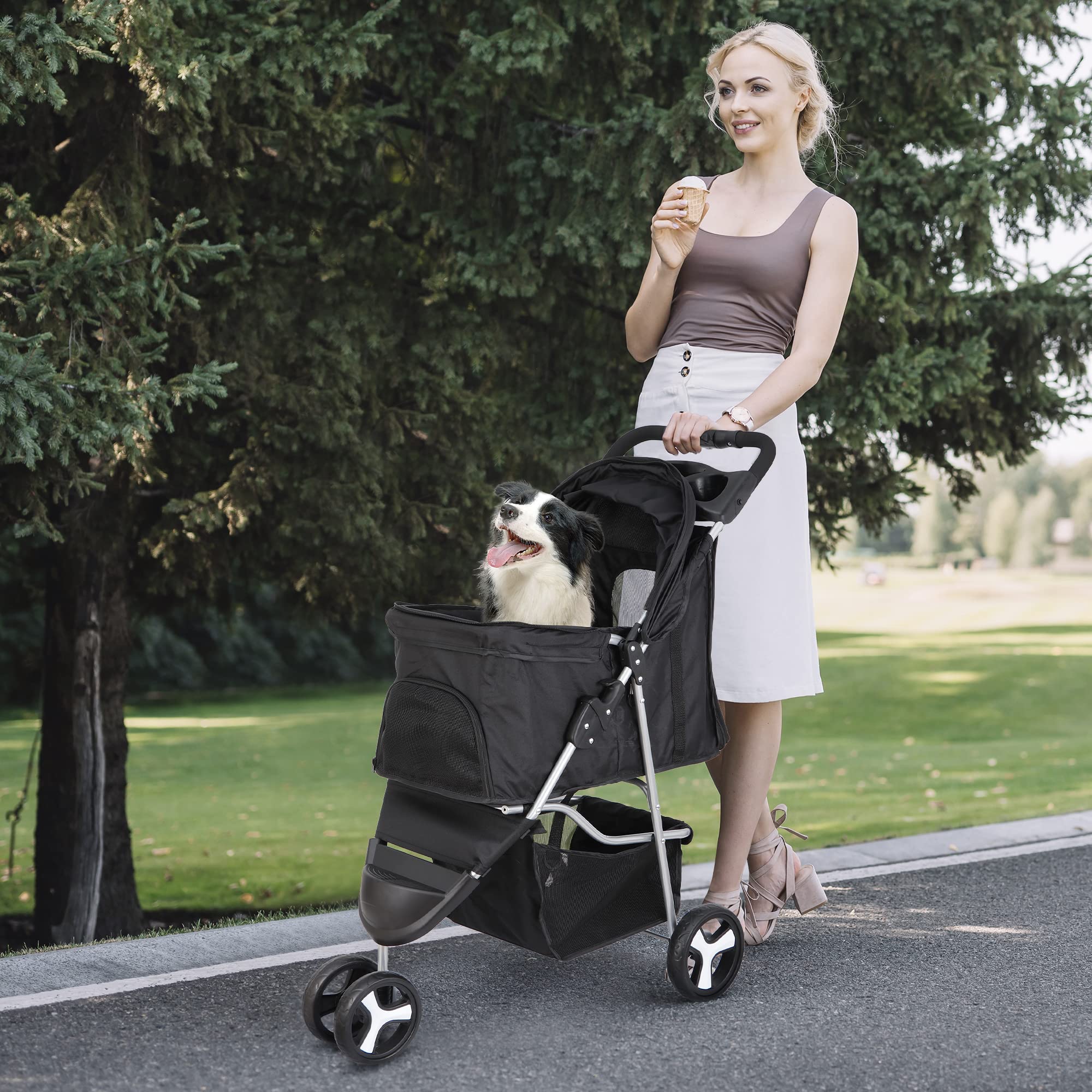 Lemy Foldable Pet Puppies Stroller For Cats And Dogs, 3 Wheels Travel Pet Carrier W/Weather Cover, Storage Basket And Cup Holder