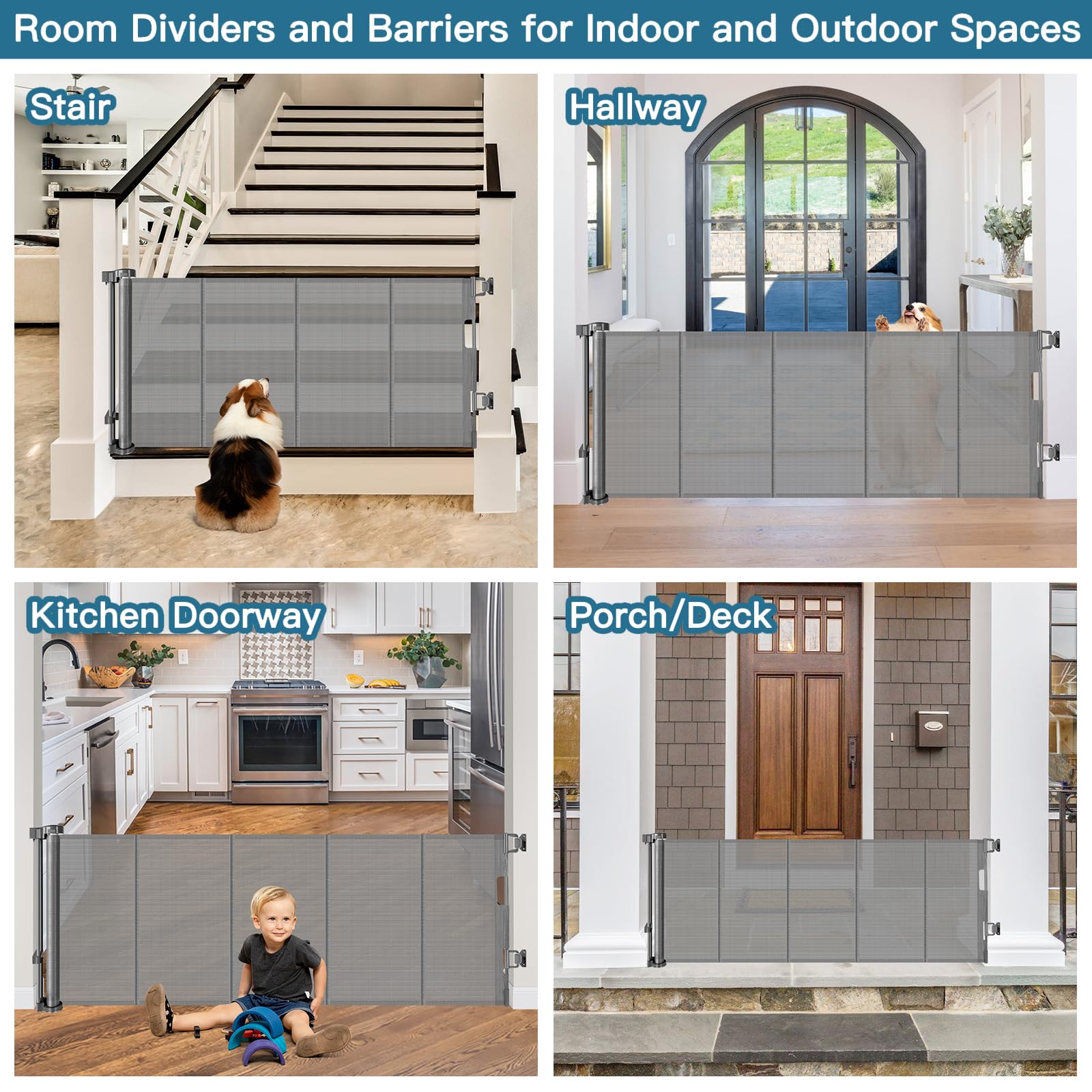 Stcockis 28" Tall Retractable Baby Gate - 80" Wide Mesh Dog Gate, Gray, Model XMF-X666666, Ideal for Stairs and Doorways