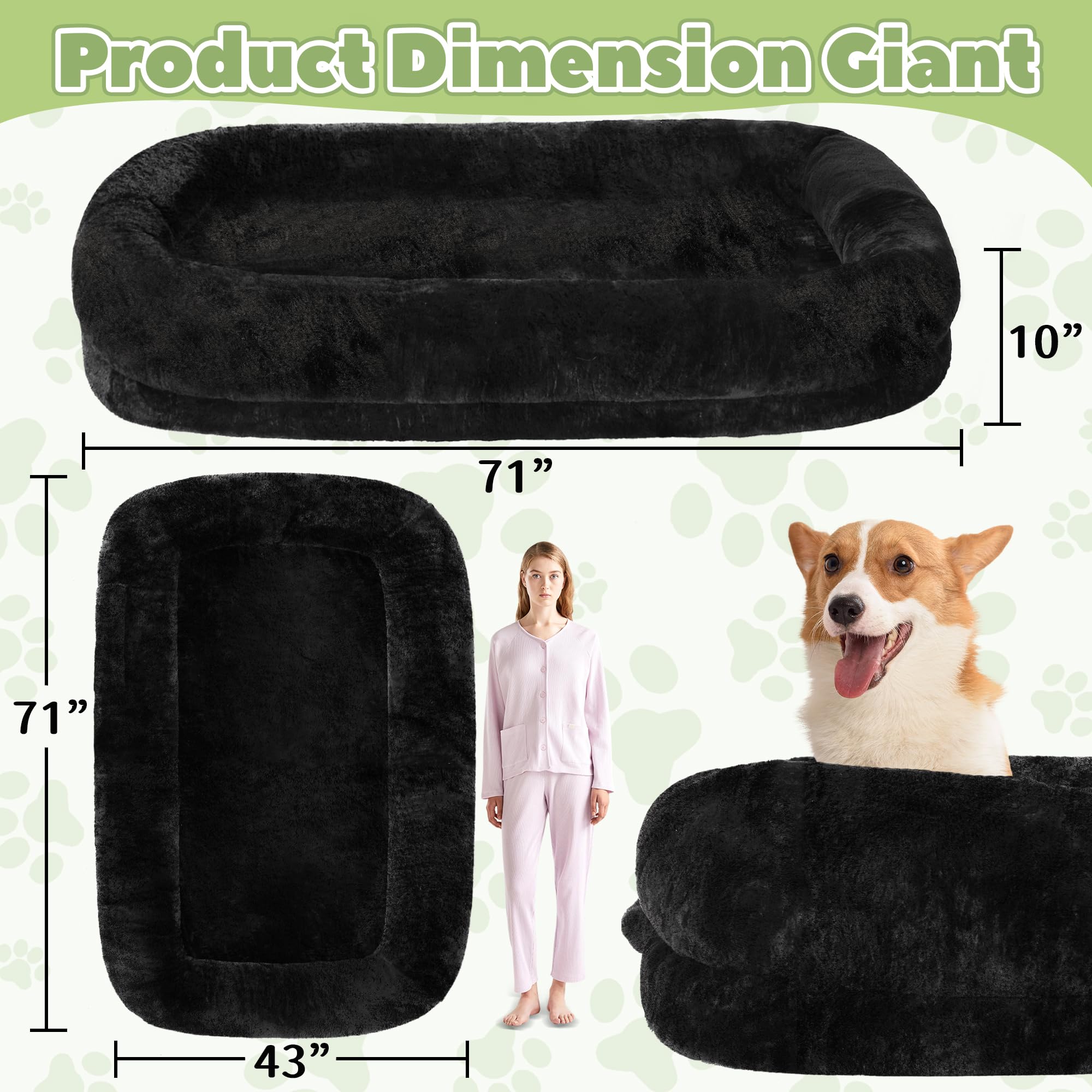 Murago Human Dog Bed, Orthopedic Design, Removable Cover, 43"x10"x71", Black Polyester