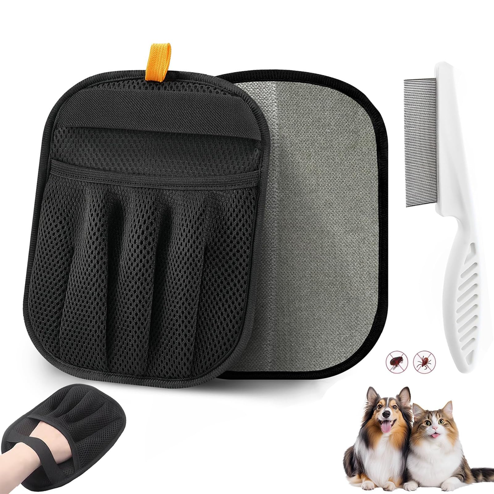 Pet Hair Remover Glove, Reusable Pet Hair Remover With Dog Hair Comb Grooming Tool & 2Pcs Self Adhesive Hooks, Efficiently Remov