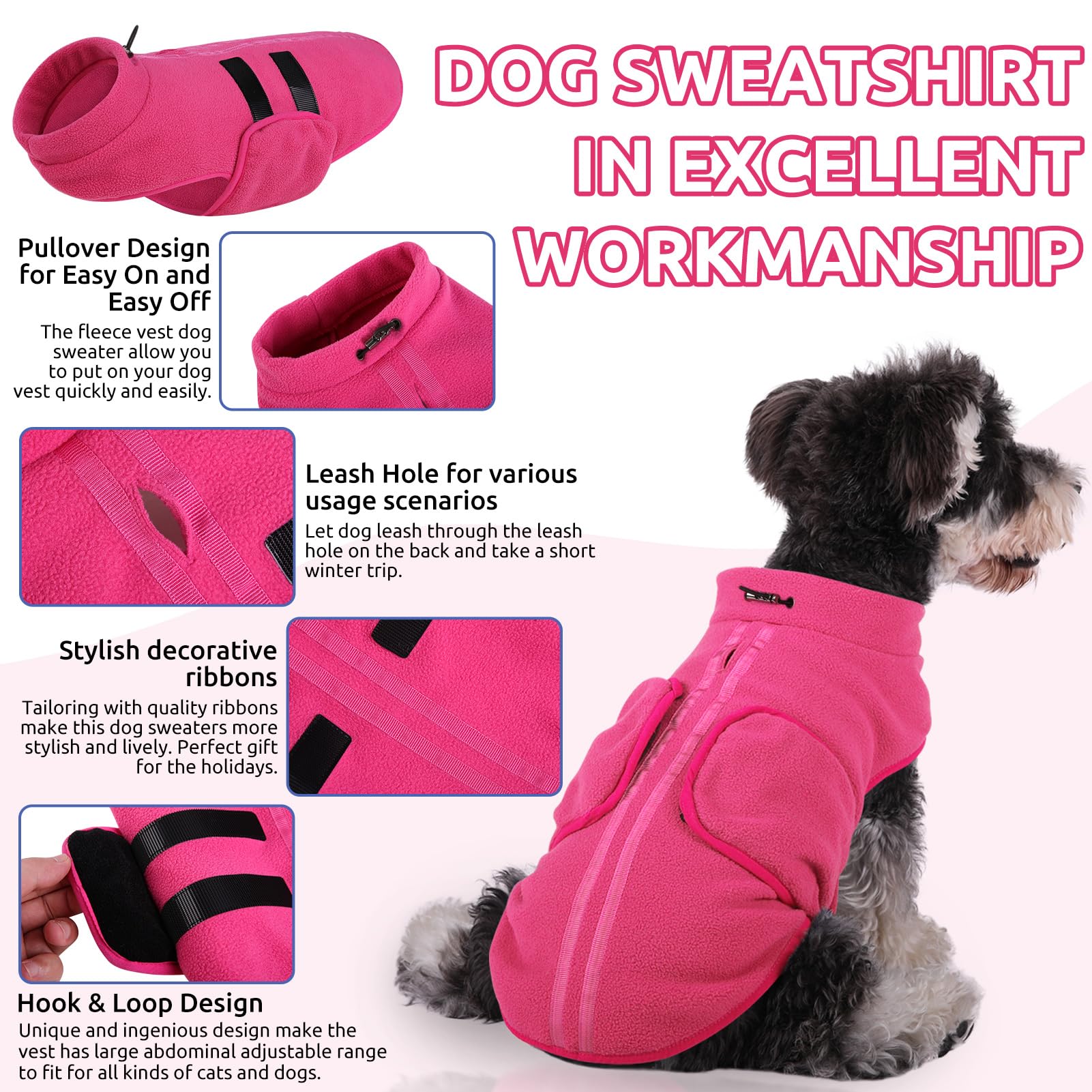 Queenmore Large Dog Sweater, Soft Fleece Vest Pullover Dog Jacket With Leash Hole, Warm Winter Dog Clothes Cold Weather Doggy Dachshund Sweaters For Large Dogs Cats Boy Or Girl (Pink, L)