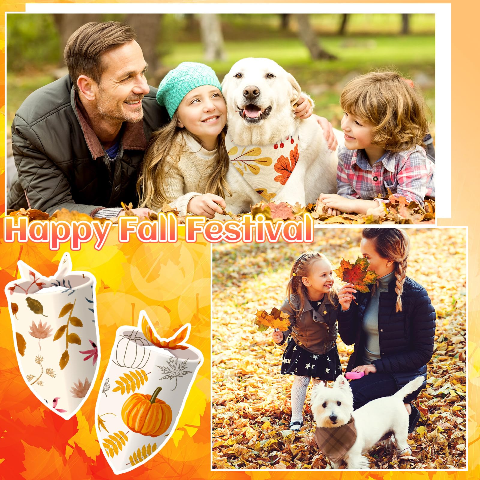Huhumy 100 Pcs Fall Dog Bandanas Bulk Thanksgiving Pet Bibs Triangle Scarf Autumn Pet Bandanas for Medium Large Dogs Fall Autumn