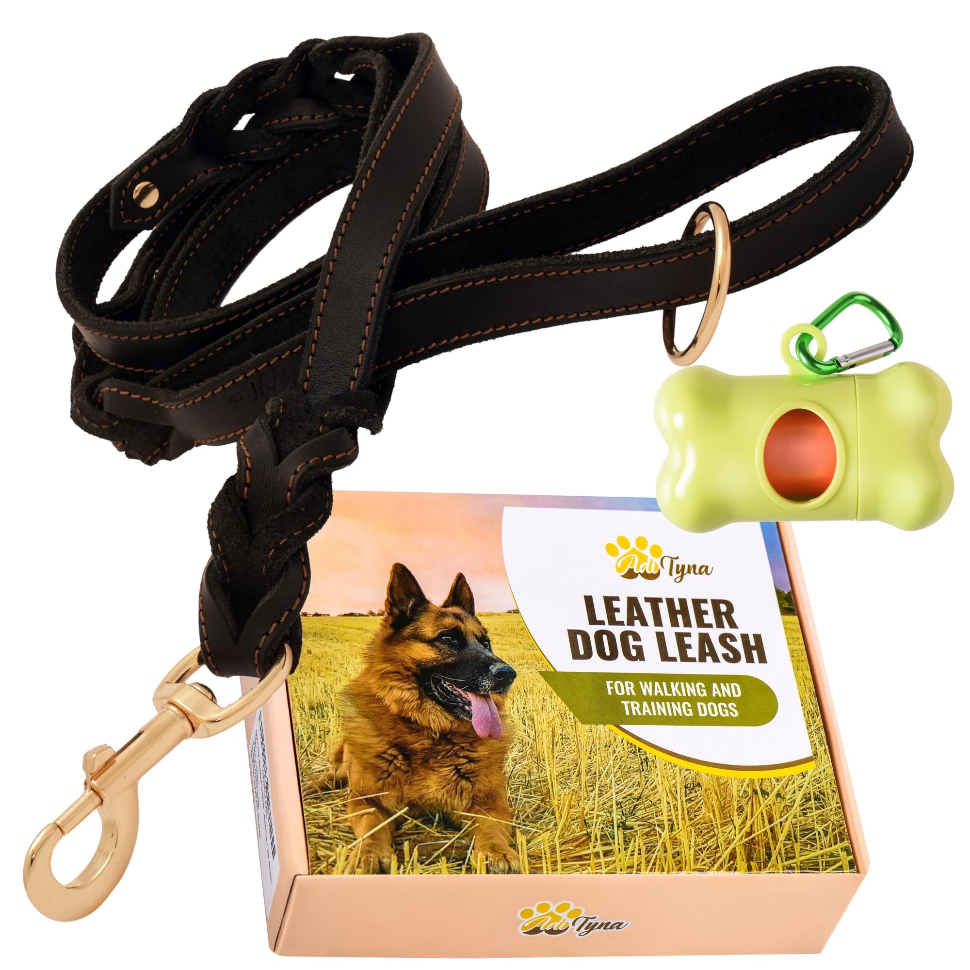 Adityna Double Handle Leather Dog Leash 6Ft - Heavy Duty Braided Leash With Traffic Handle - Lead For Training And Walking Mediu