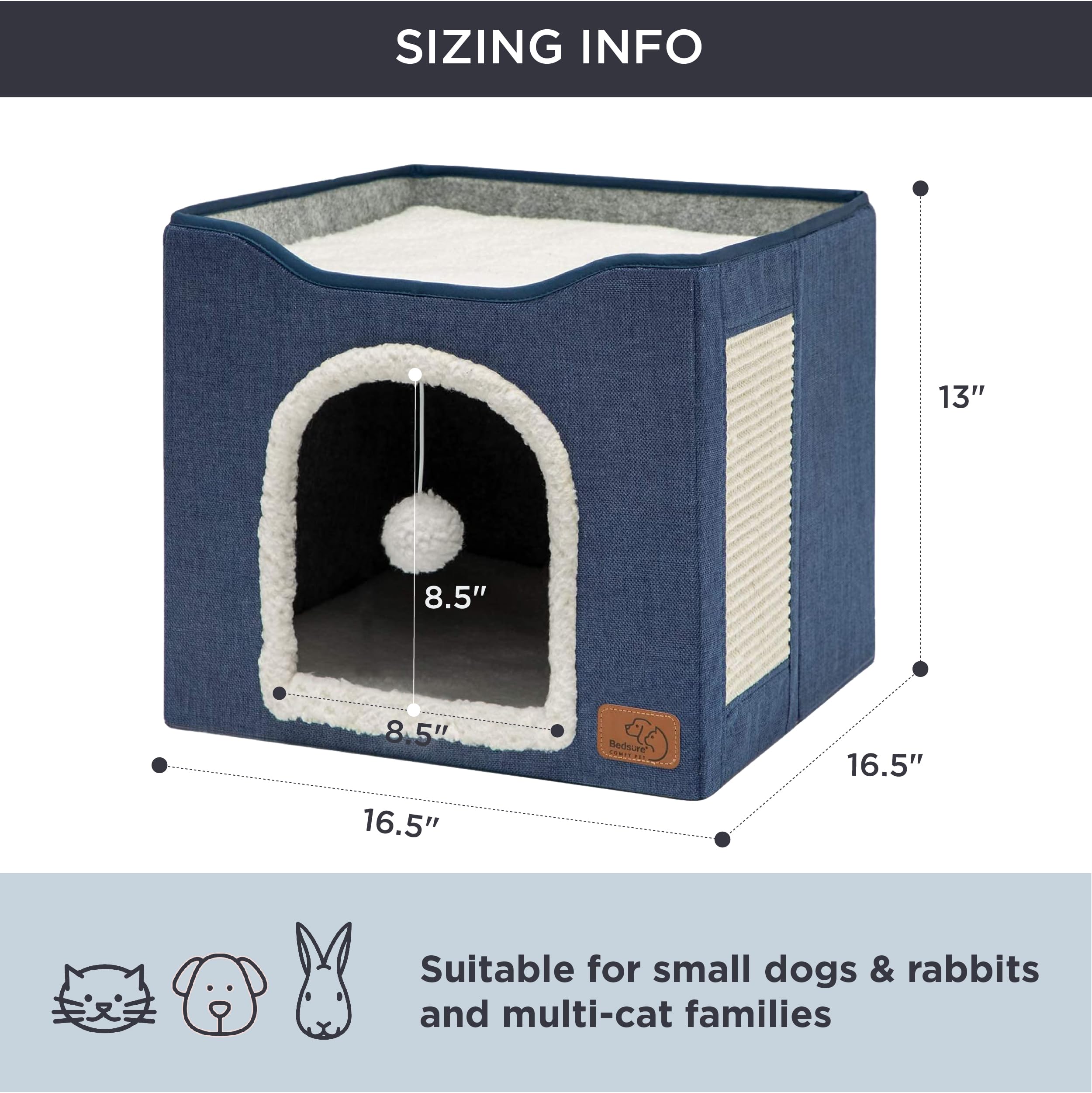 Bedsure Cat Beds For Indoor Cats - Large Cat Cave For Pet Cat House With Fluffy Ball Hanging And Scratch Pad, Foldable Cat Hideaway,16.5X16.5X13 Inches, Blue