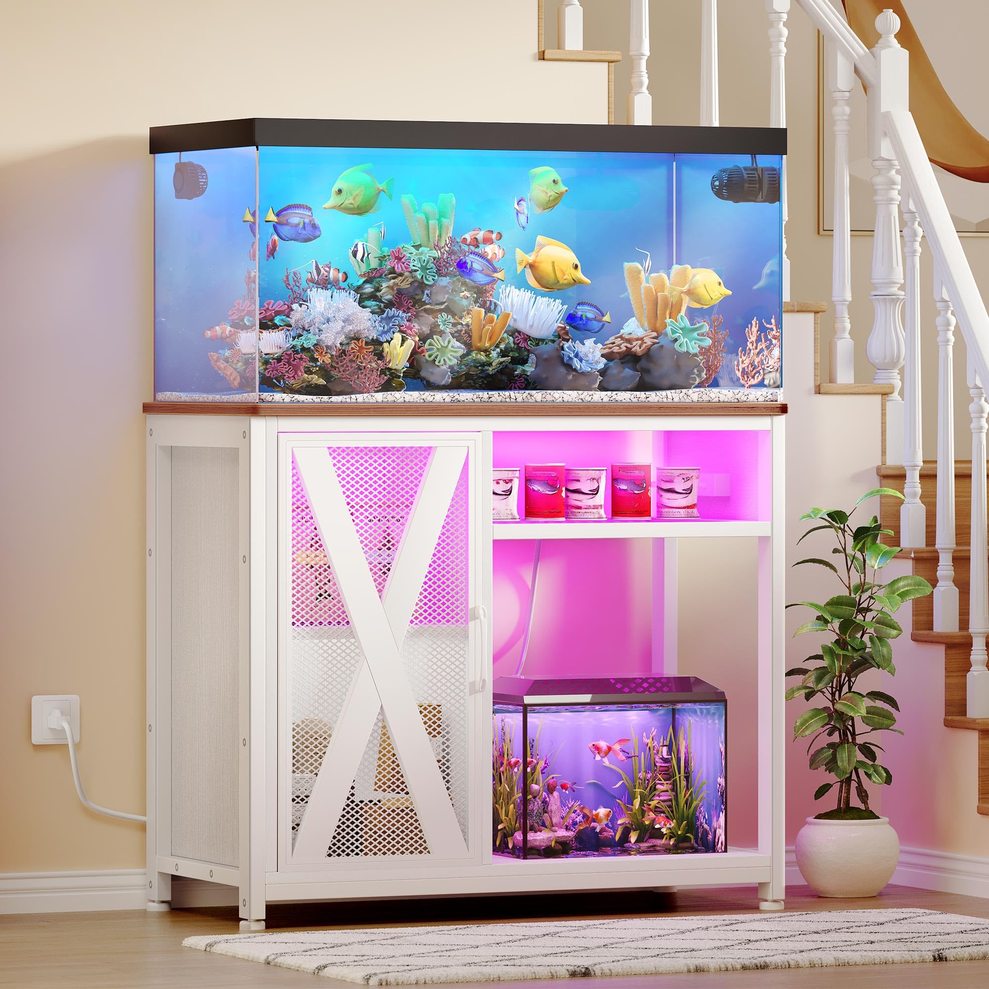 YITAHOME Fish Tank Stand with Power Outlets & LED Light, 40-50 Gallon Metal Aquarium Stand with Cabinet for Fish Tank Accessorie