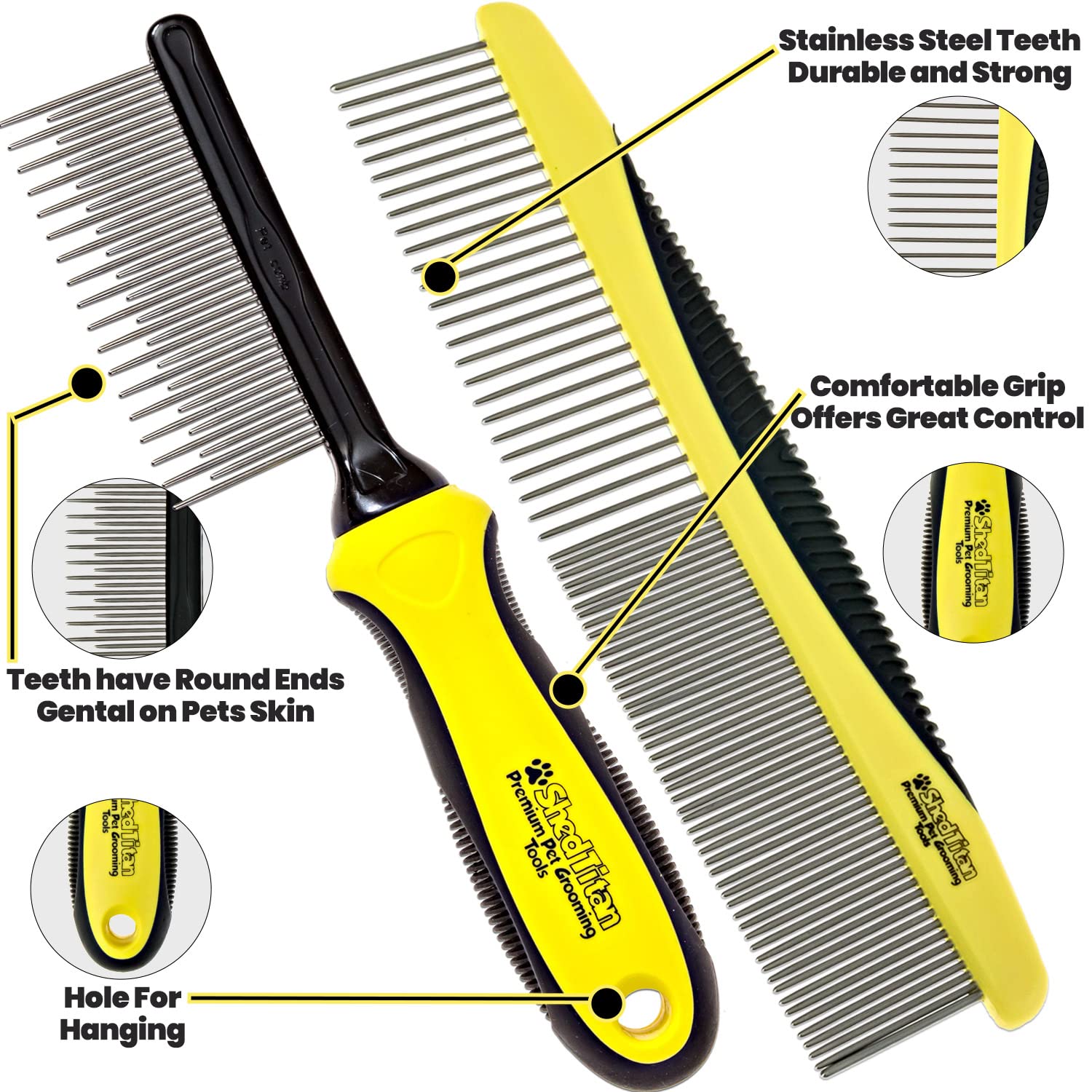 SHEDTITAN Metal Dog Comb Set - Detangler for Matted Fur - 2 Piece Set - Yellow/Black