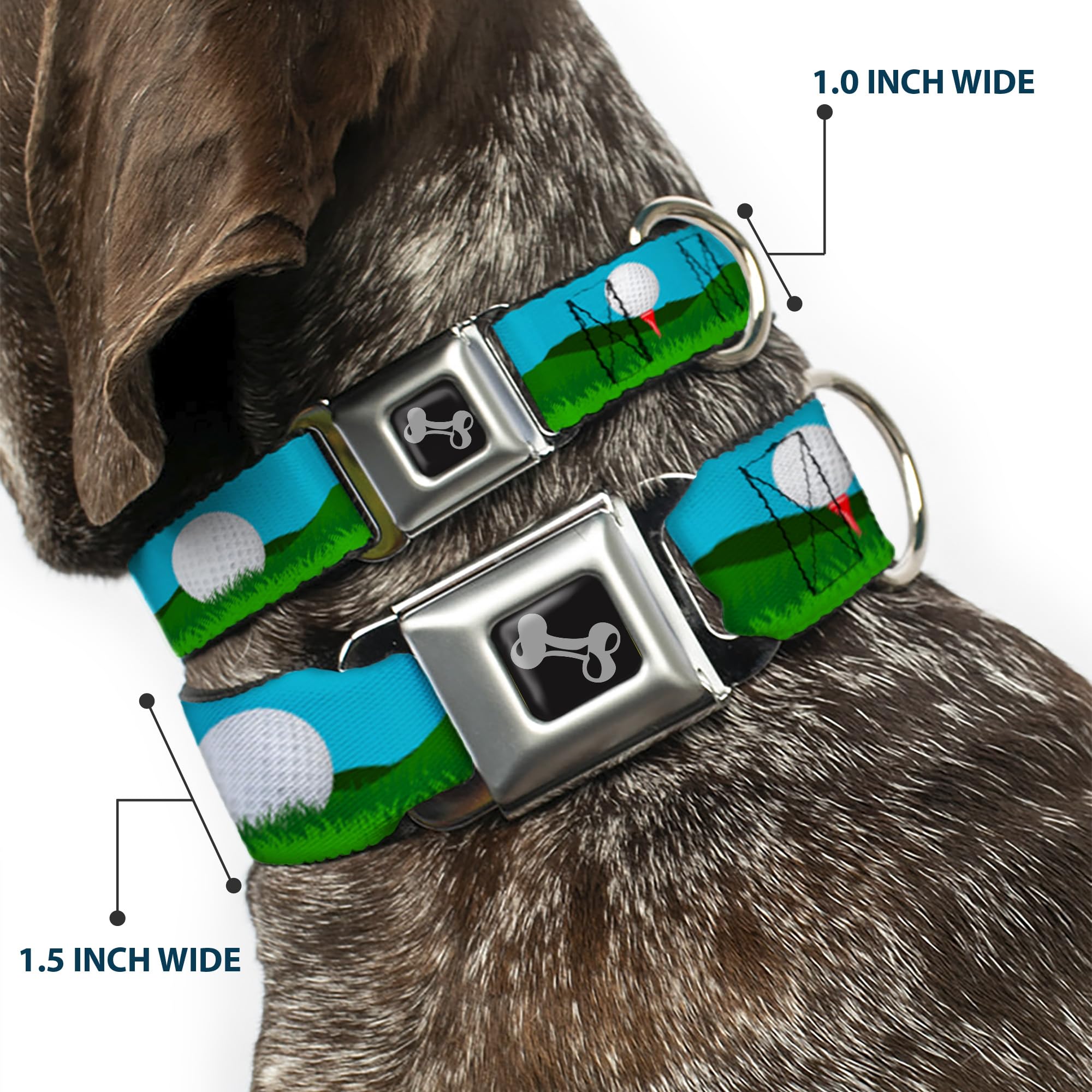 Dog Collar Seatbelt Buckle Golf Course Balls Holes Blues Greens 18 To 32 Inches 1.5 Inch Wide