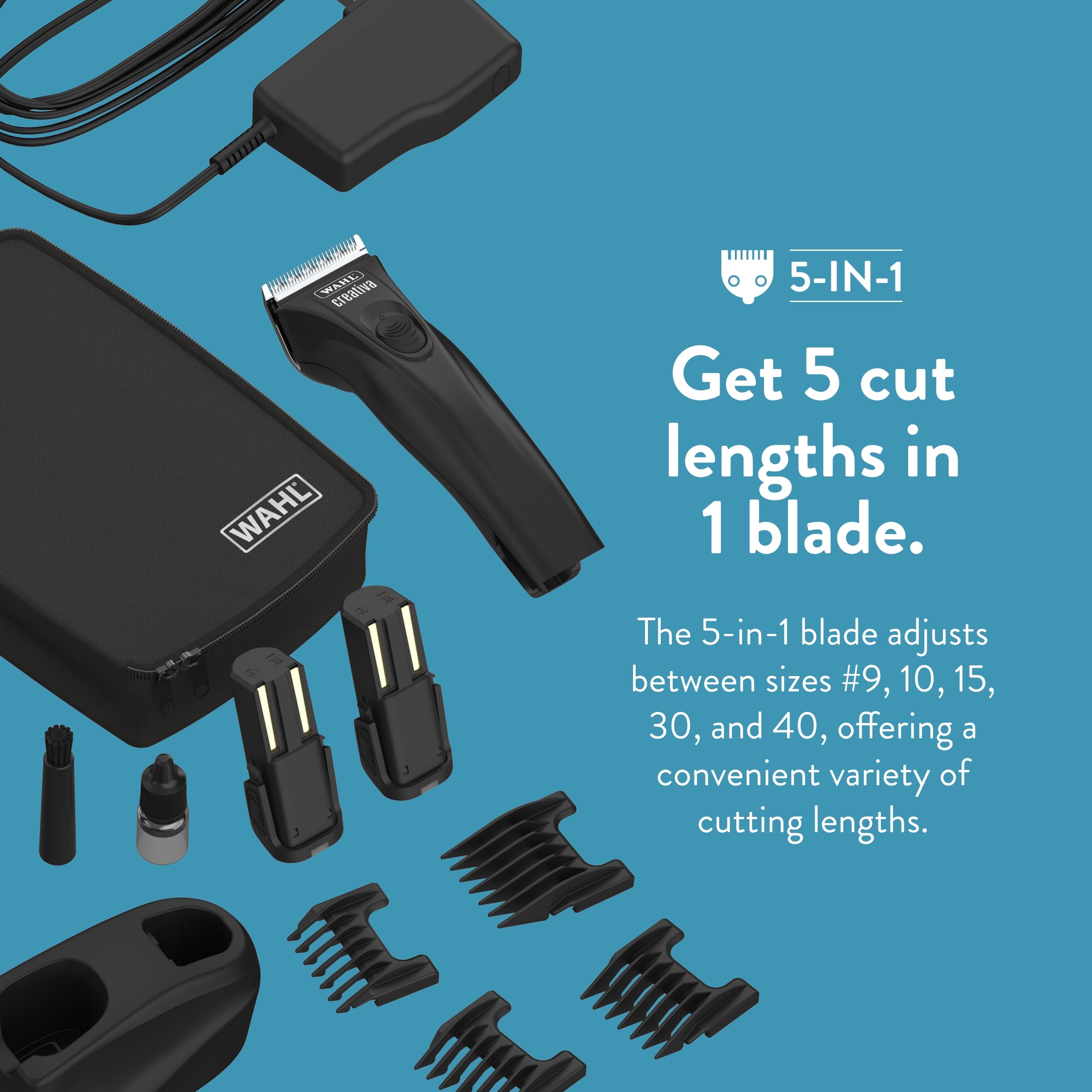 Wahl Professional Animal Creativa Cordless Clipper, 5-in-1 Adjustable Blade, 13 Piece Set, Black, Model 41876-0430