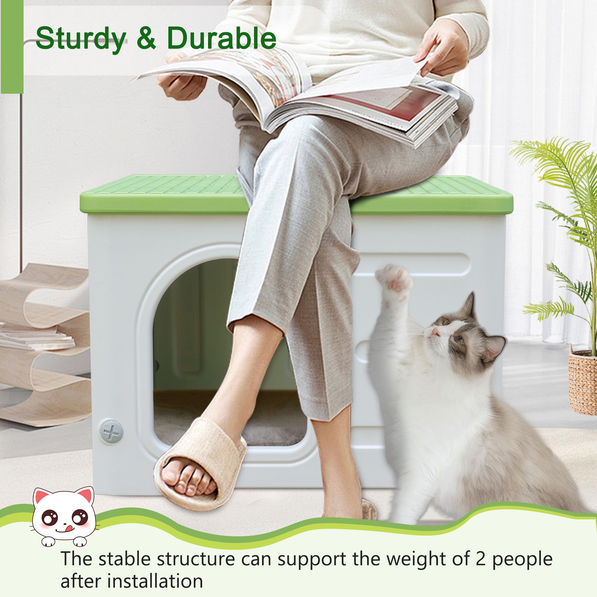 Rockever Plastic Cat House for Outdoor Cats, Waterproof with Escape Door, Green, Model RO4010, Includes Cat Bed Mat