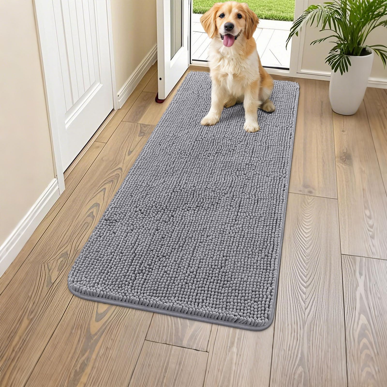 Smiry Dog Door Mat for Muddy Paws 47x17, Absorbs Moisture and Dirt Doormat, Non-Slip Washable Quick Dry Chenille Front Door Mat 