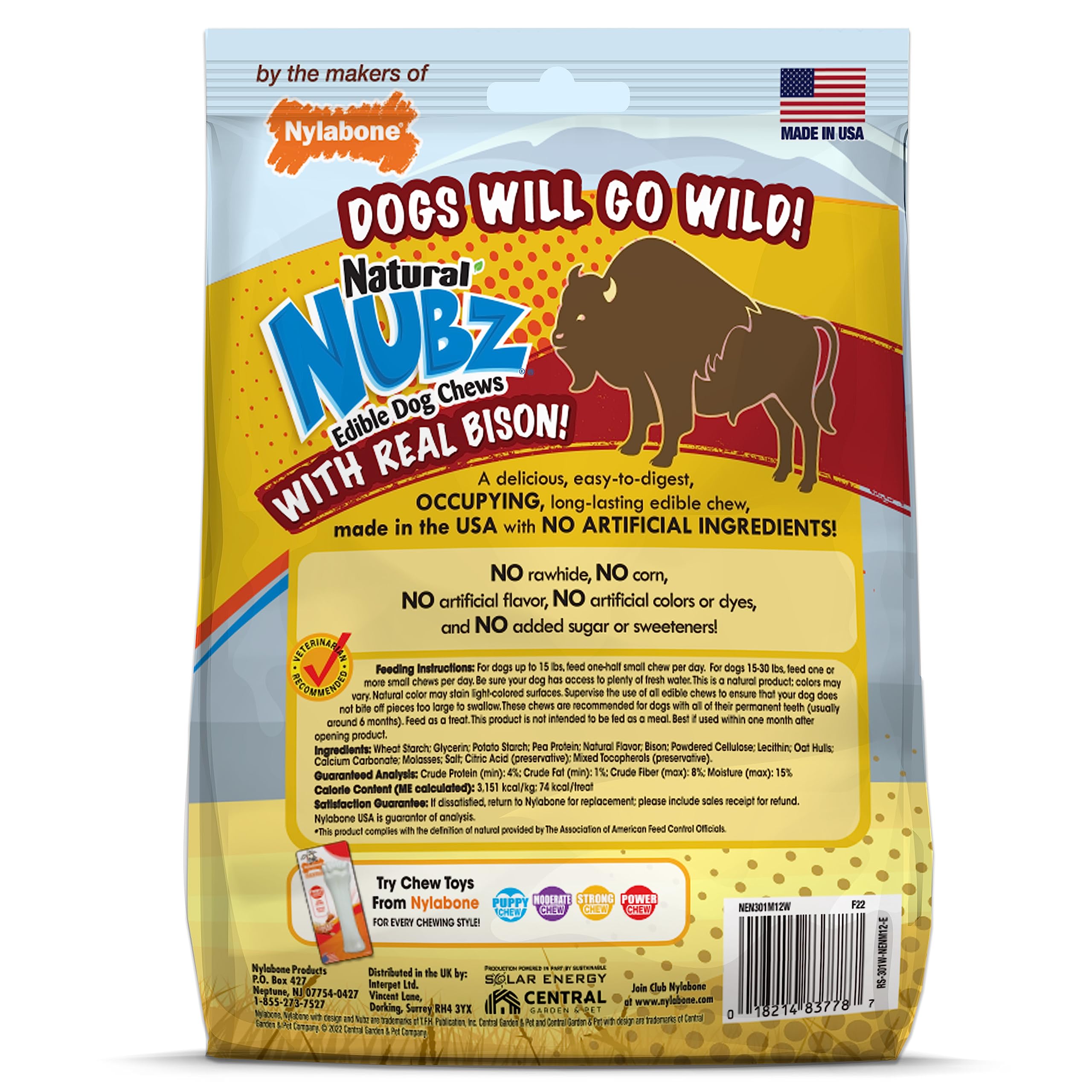 Nylabone Nubz Wild Natural Edible Chew Treats for Dogs, Made in USA, Bison Flavor, Small - Up to 25 lbs. (12 Count)