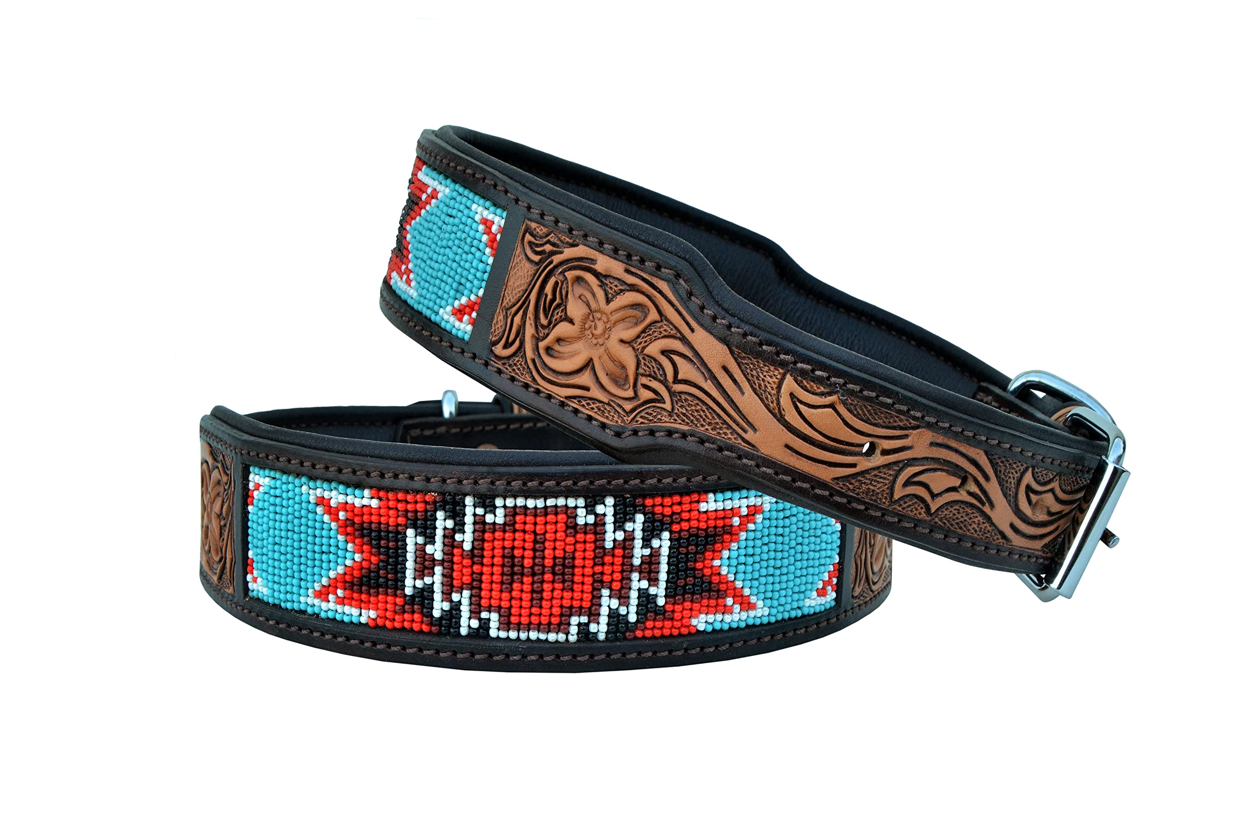 Affilare Genuine Leather Western Heavy Duty Dog Collar Western Style Hand Tooled Adjustable Beaded And Padded Cushioned For Pupp