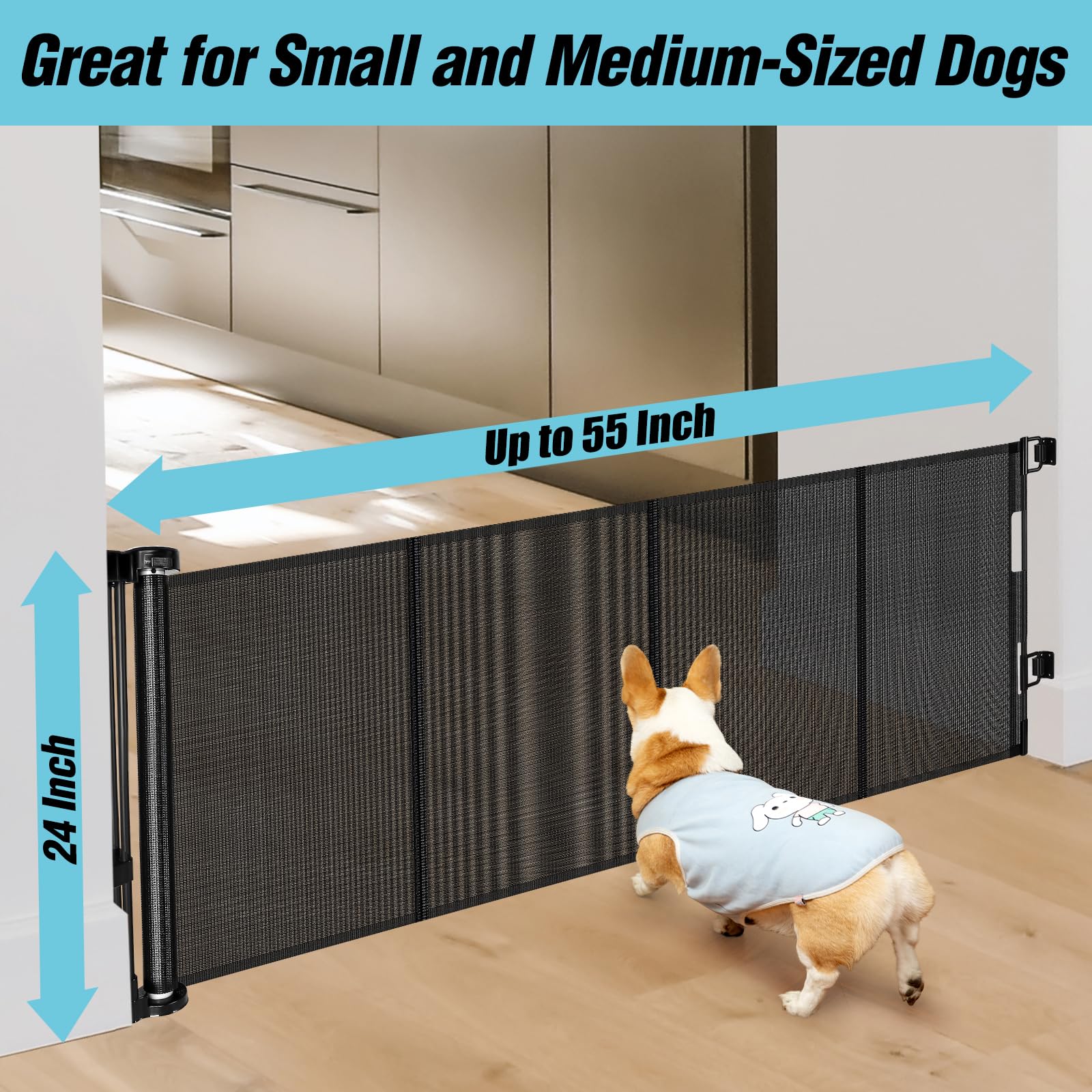 Borthmiu 24 Tall Retractable Baby Gate - 55 Wide, Reinforced Mesh Dog Gate for Kids & Pets, Black, Easy Step Over Design