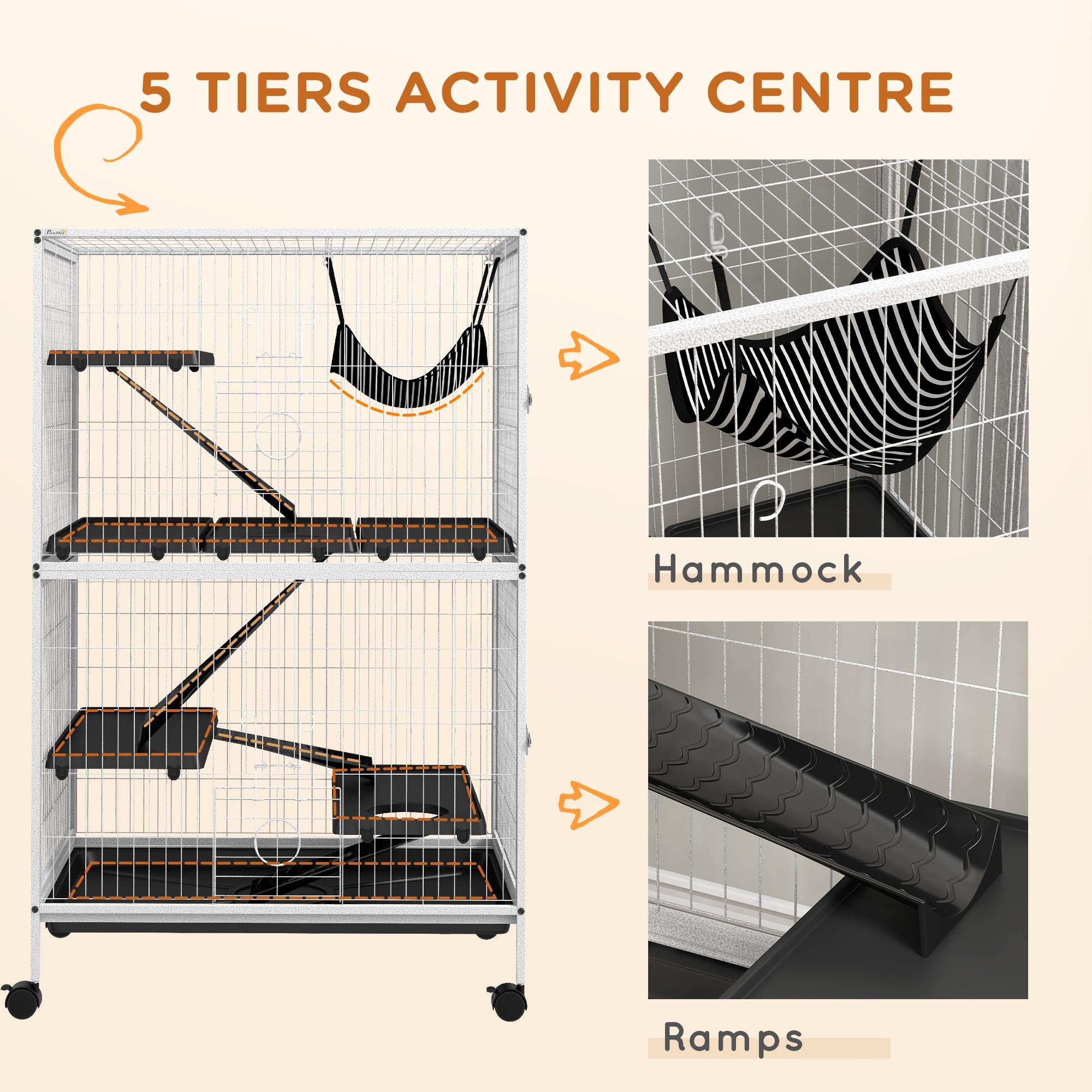 Pawhut 50'' 5-Tier Small Animal Cage, Ferret Cage, Large Chinchilla Cage With Hammock Accessory & Heavy-Duty Steel Wire, Small A