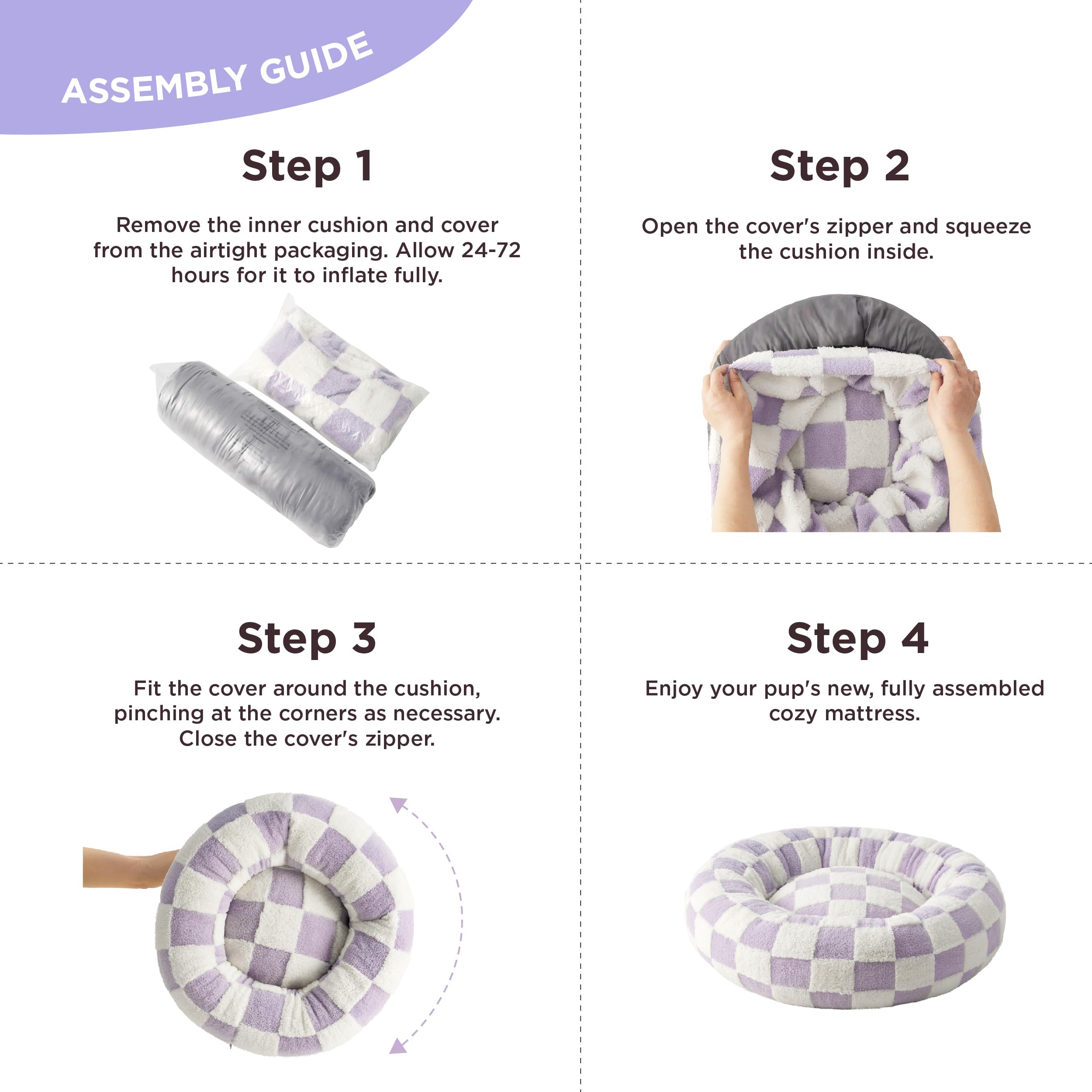 LE SURE Cat Bed - Round Donut Dog Bed, 20" Purple, Calming Plush, Anti-Slip, Lavender Checks, Model US-IMCDonutBed