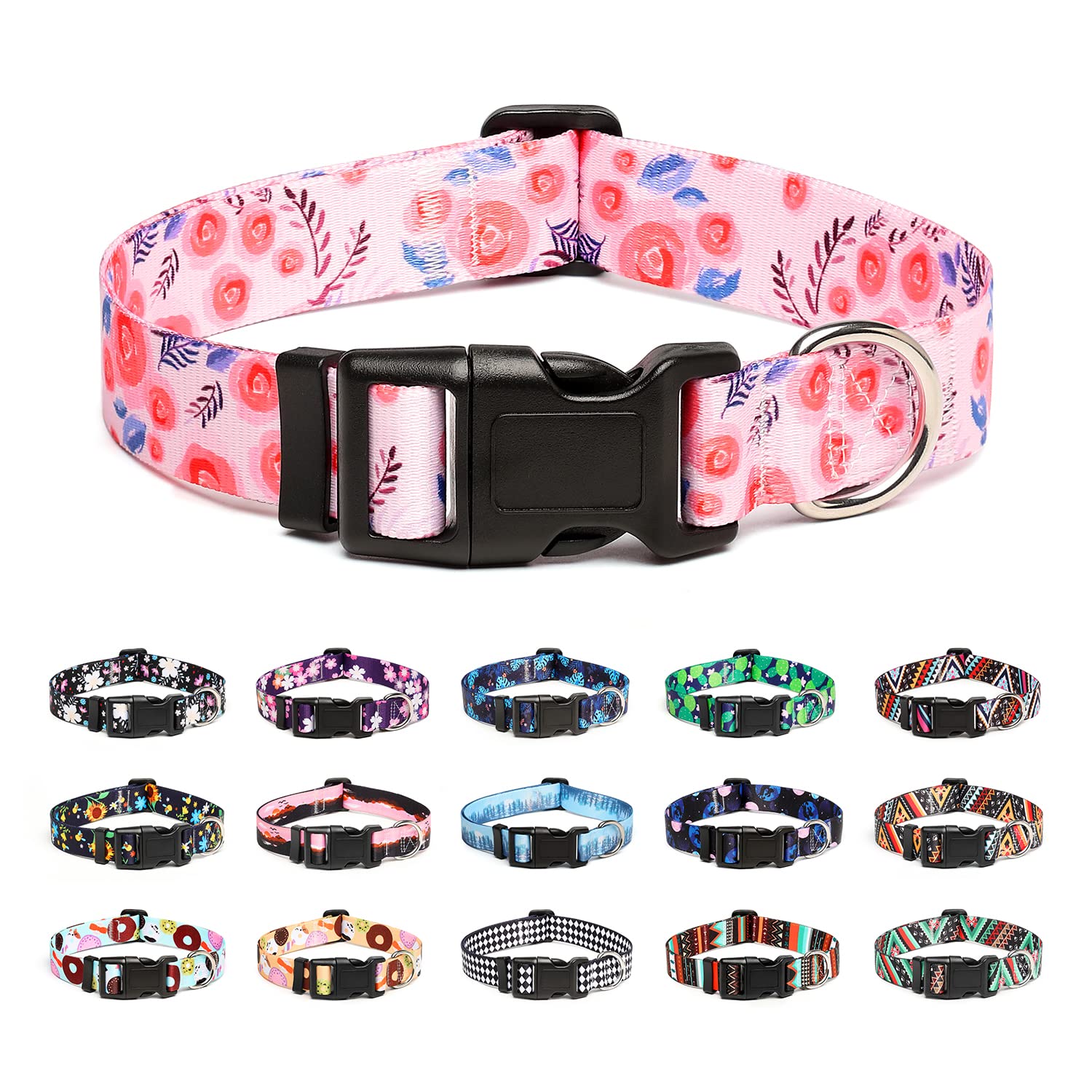 Mercano Adjustable Dog Collar - Special Design Patterns, Soft Nylon Comfortable Durable Pet Collar For Small Medium Large Dogs (M, Rose)