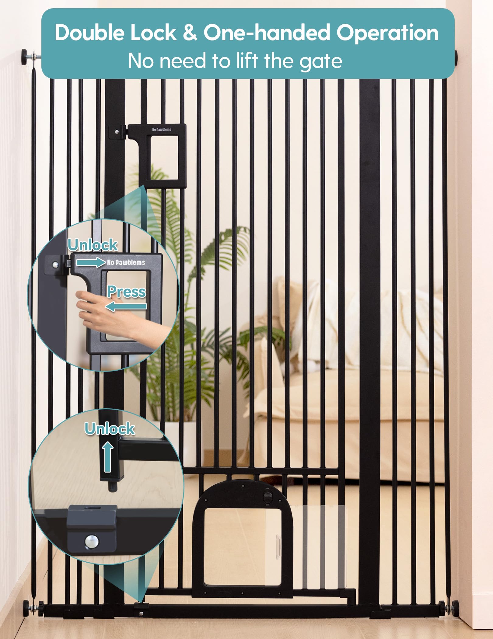 No Pawblems 55 Extra Tall Pet Gate with Adjustable Cat Door, 29-43 Auto Close Dog Gate, NO Drilling Pressure Mounted for Doorway