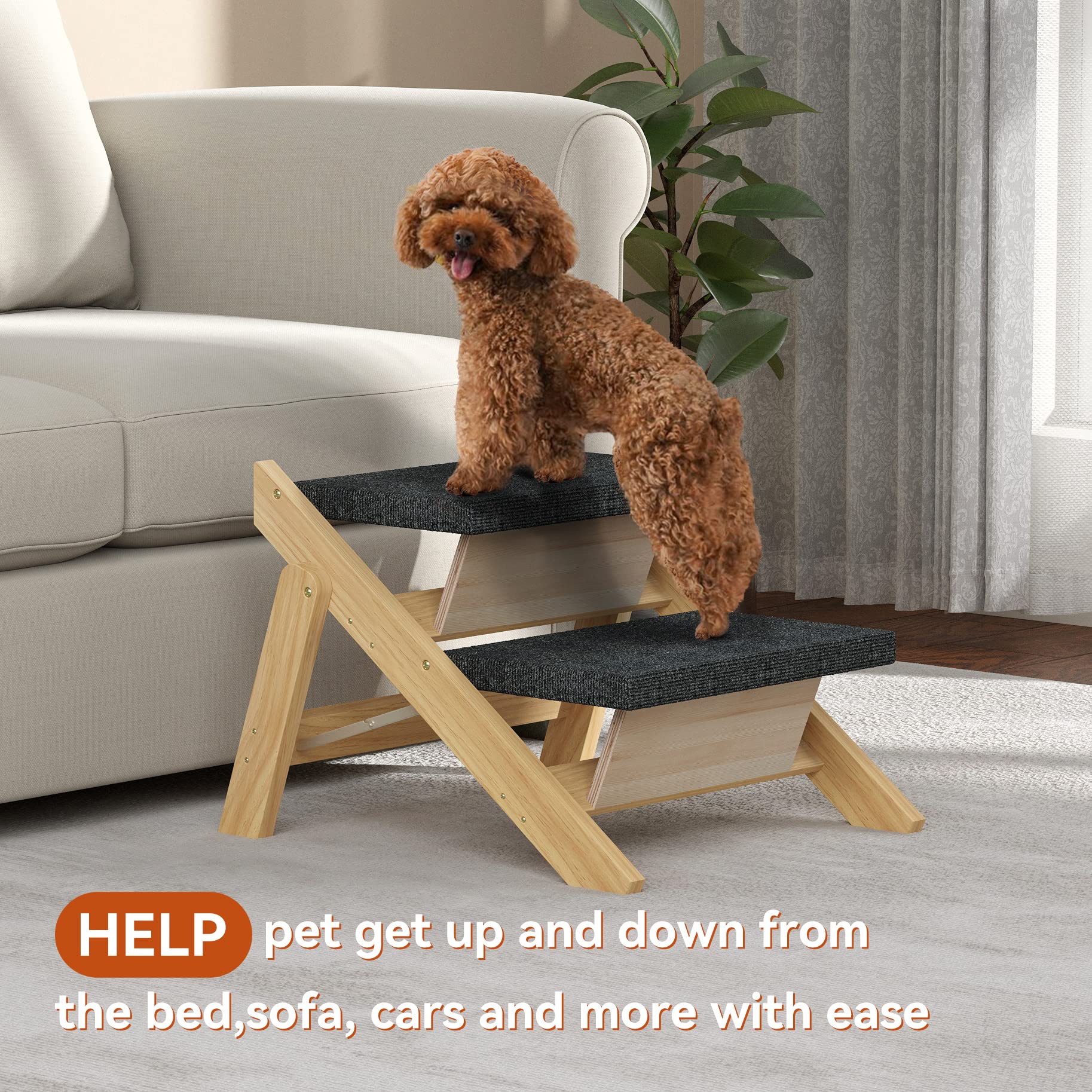 Runlexi Pet Stairs/Steps, Small Dogs Steps For High Beds, Sofa, Couch, Car, 2-In-1 Foldable Wood Dog Ramp With Non-Slip Pads, Sa