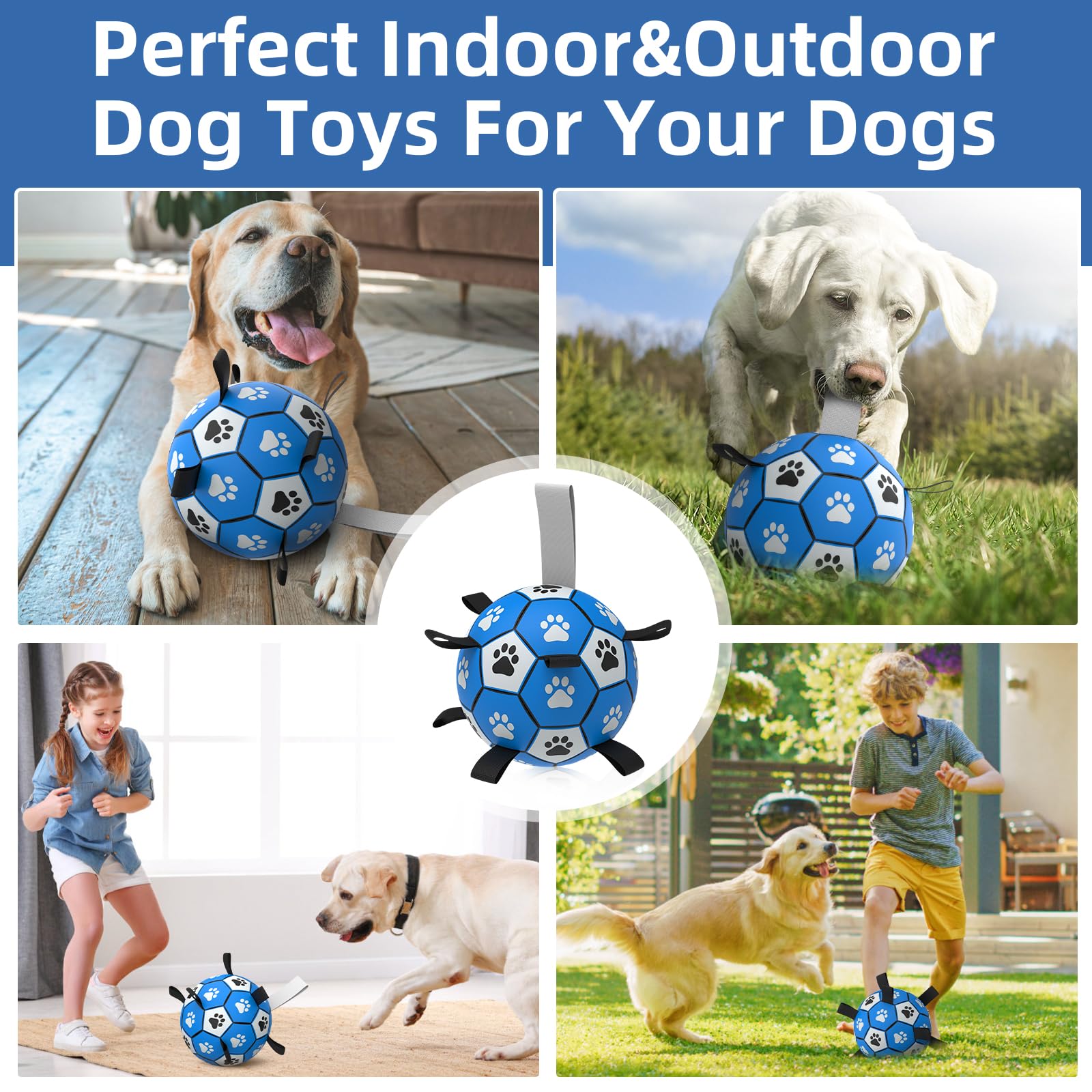 QDAN Extra Large Dog Soccer Ball - Durable Polyurethane, Dark Blue, 9 Inch, Outdoor Toy with Straps for Large Dogs