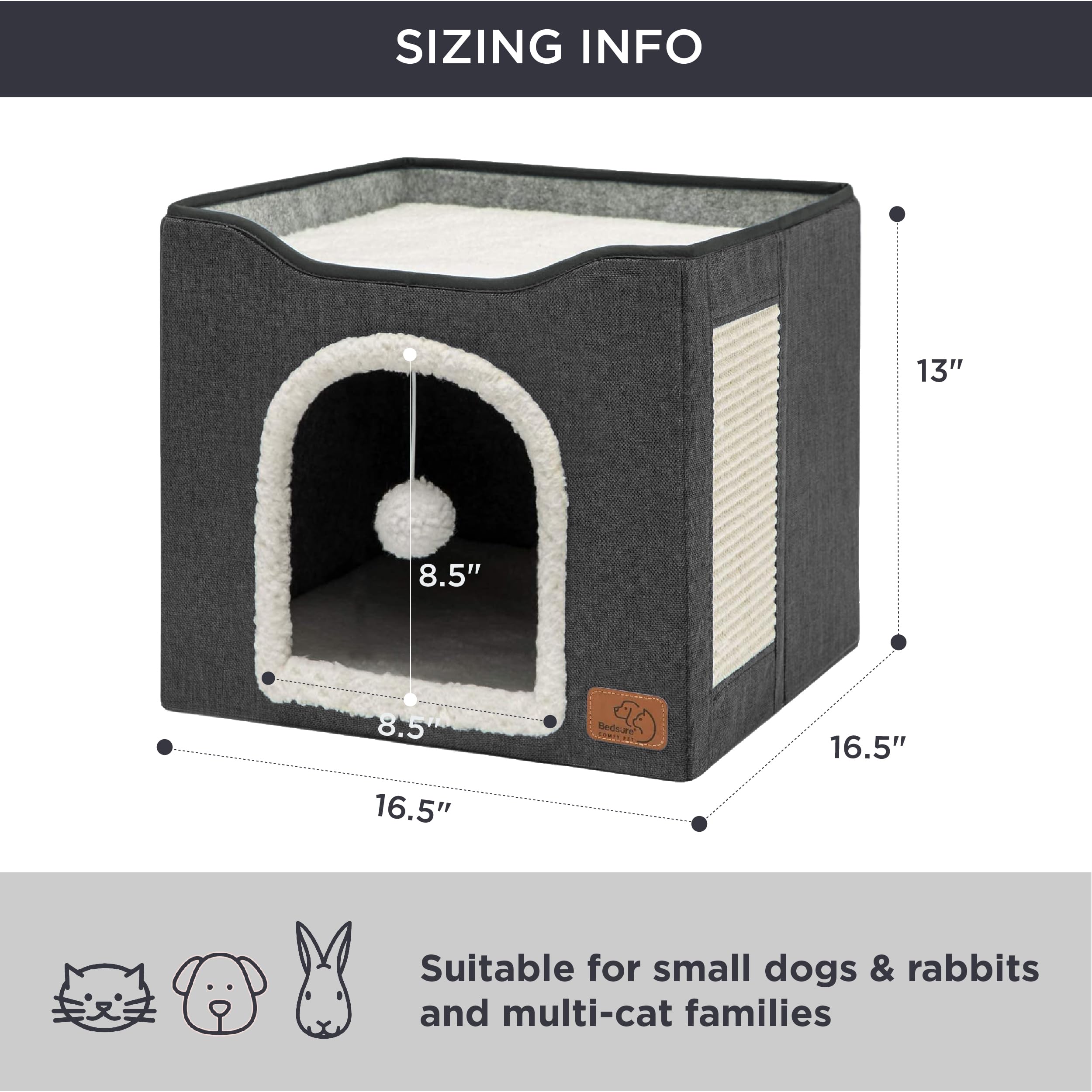 Bedsure Cat Beds For Indoor Cats - Large Cat Cave For Pet Cat House With Fluffy Ball Hanging And Scratch Pad, Foldable Cat Hideaway,16.5X16.5X13 Inches, Dark Grey