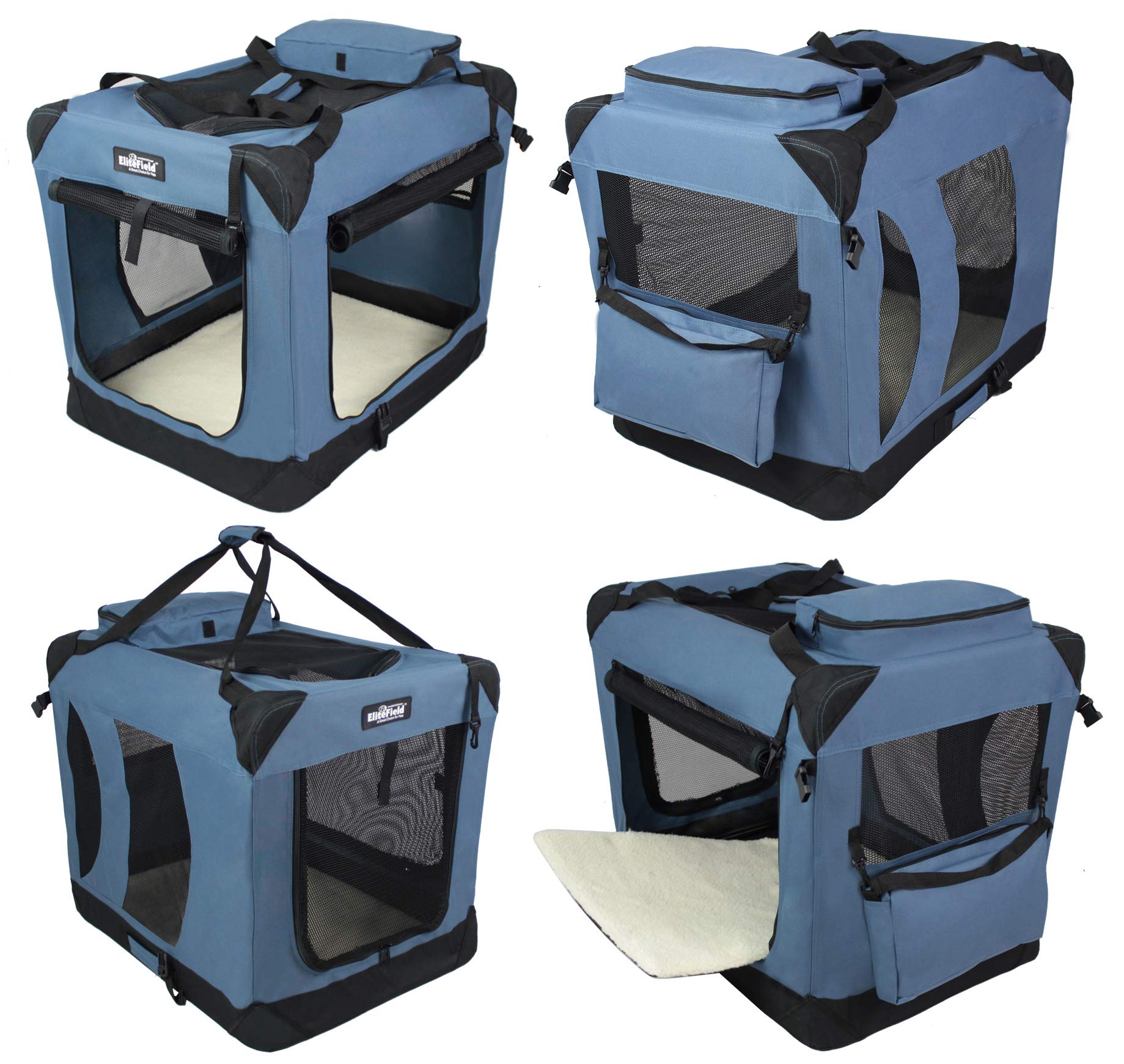 Elitefield 3-Door Folding Soft Dog Crate With Carrying Bag And Fleece Bed (2 Year Warranty), Indoor & Outdoor Pet Home (20' L X 14' W X 14' H, Blue Gray)
