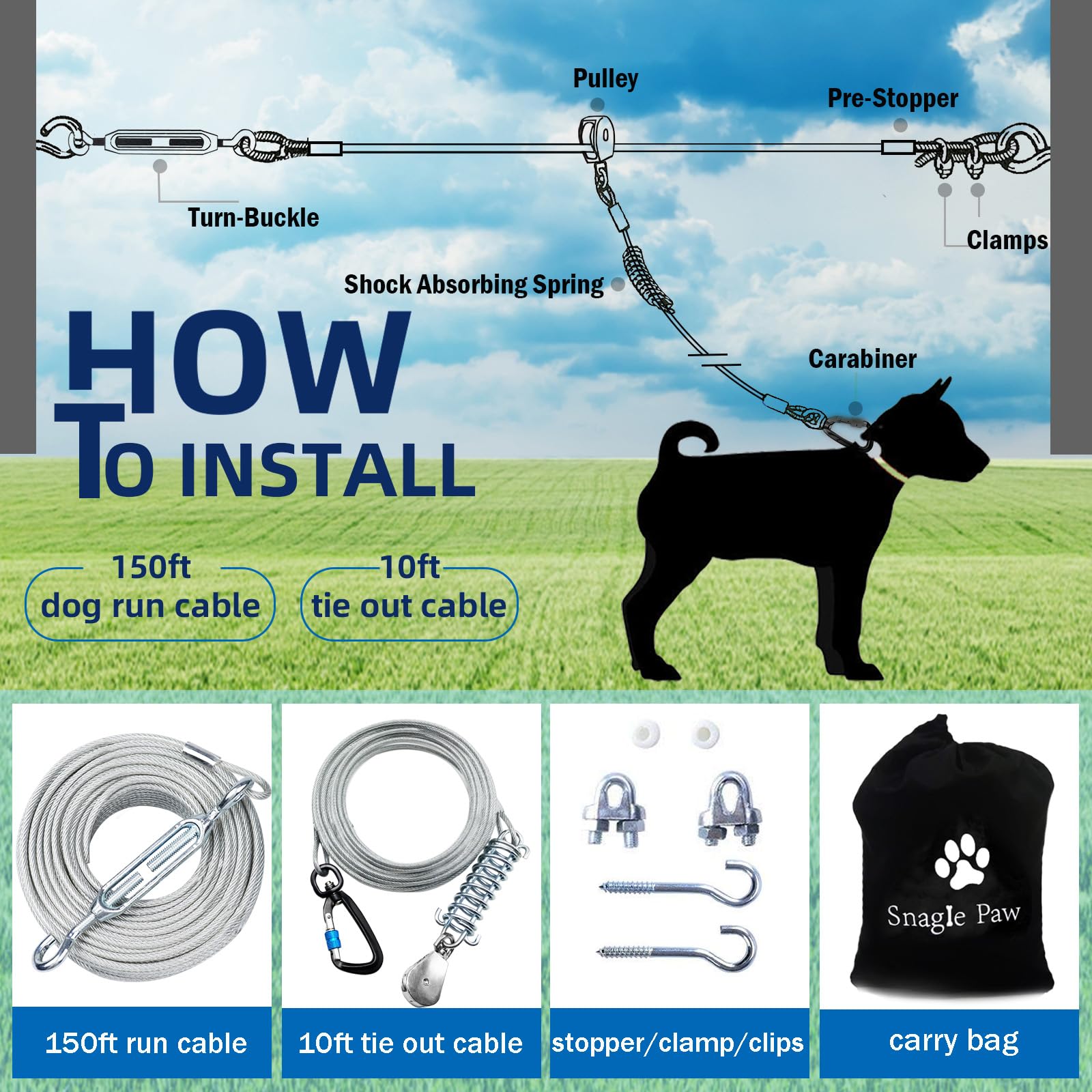 Dog Tie Out Runner For Yard,Trolley System For Large Dogs,Heavy Duty Dog Run Cable Lead 150Ft With 10Ft Pulley Runner Line For Small Medium And Large Dogs Up To 250Lbs Running Outside Yard Or Camping