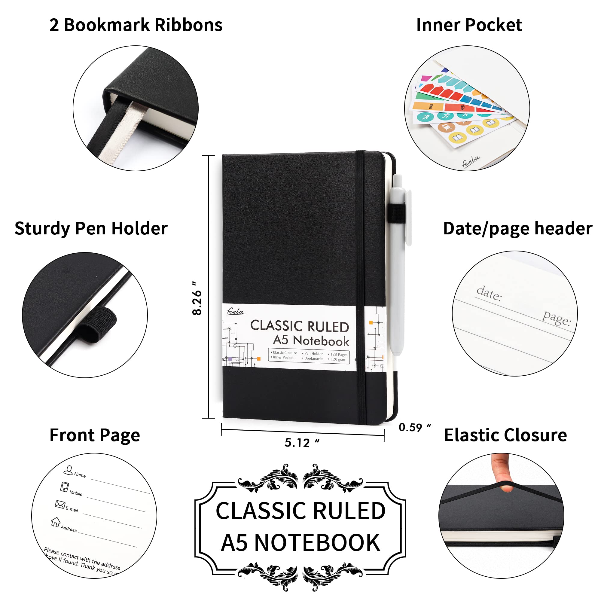 feela A5 Hardcover Notebook Set - 12 Pack with 12 Black Pens, Classic Ruled, Faux Leather, 5.1"x8.3", Black, Model A5CRN12