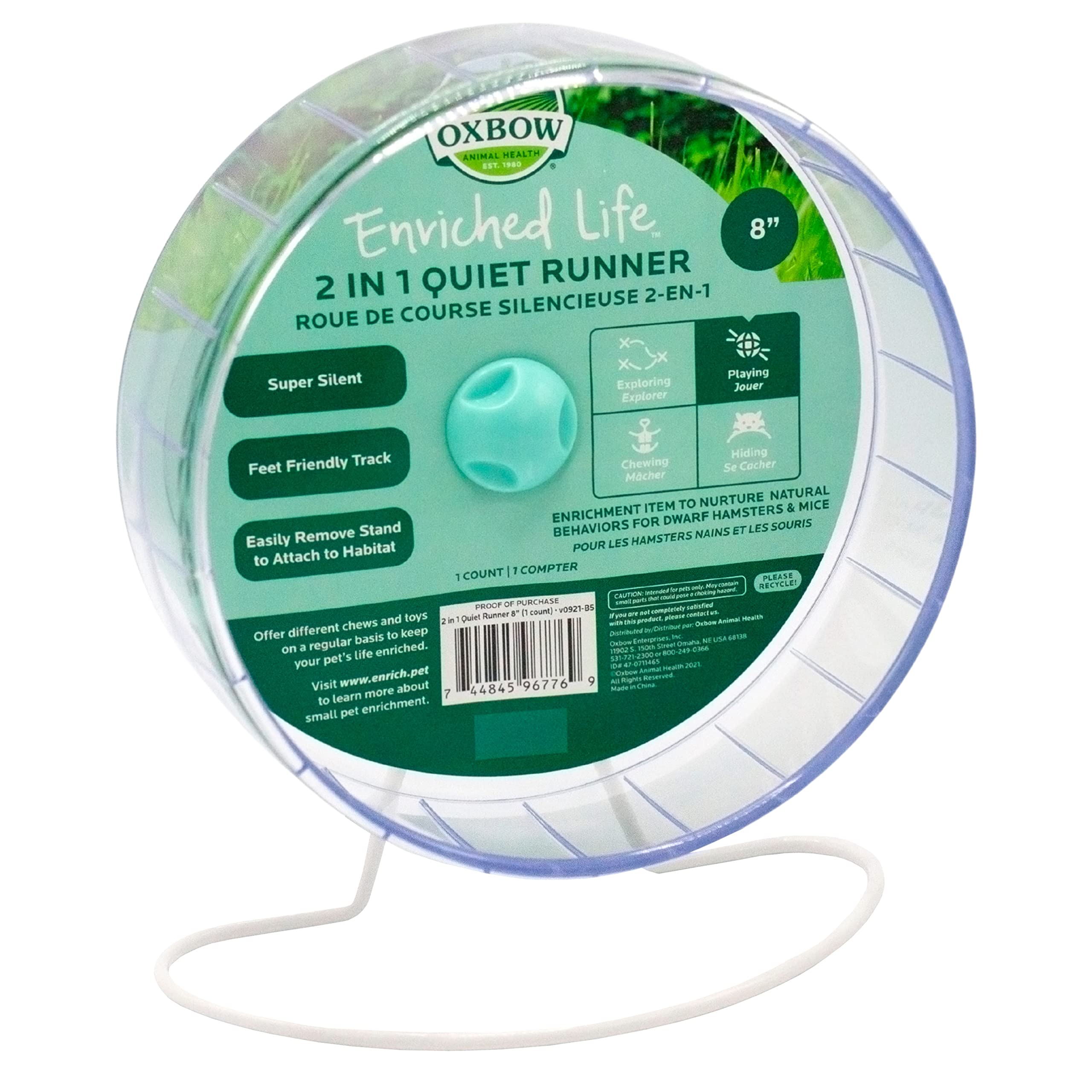 Oxbow Enriched Life Small Animal Accessories - Exercise Wheel For Dwarf Hamsters & Mice - 2 In 1 Quiet Runner - 8 Inch