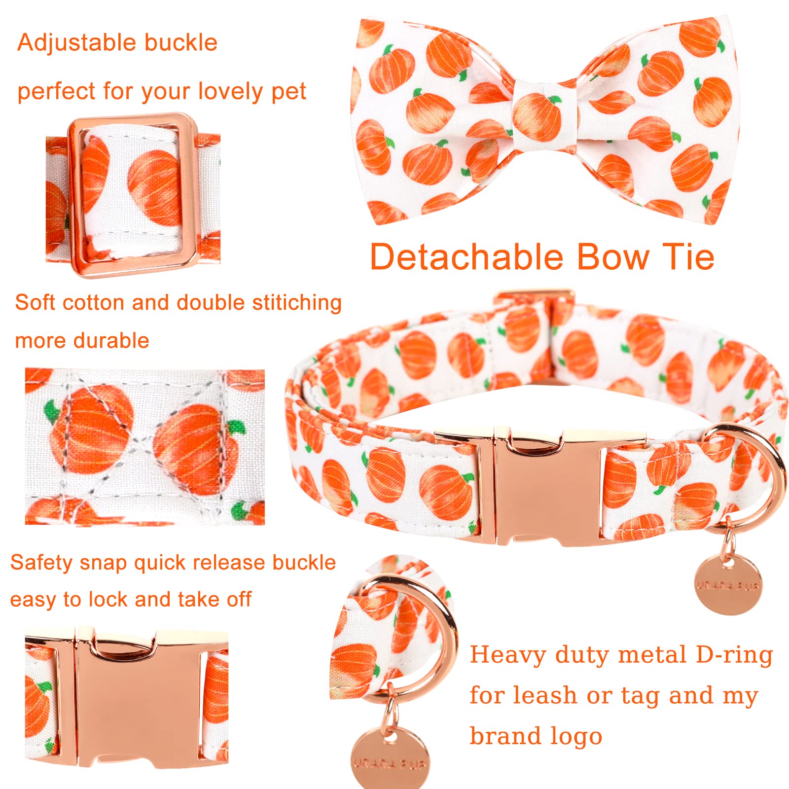 Up Urara Pup Halloween Dog Collar With Bow Tie, Pumpkin Cotton Bowtie Collar For Medium Girl Boy Dog, Fall Dog Collar Bowtie With Durable Metal Buckle, Adorable Pumpkin Pet Collar, M, Neck 13.5-22In