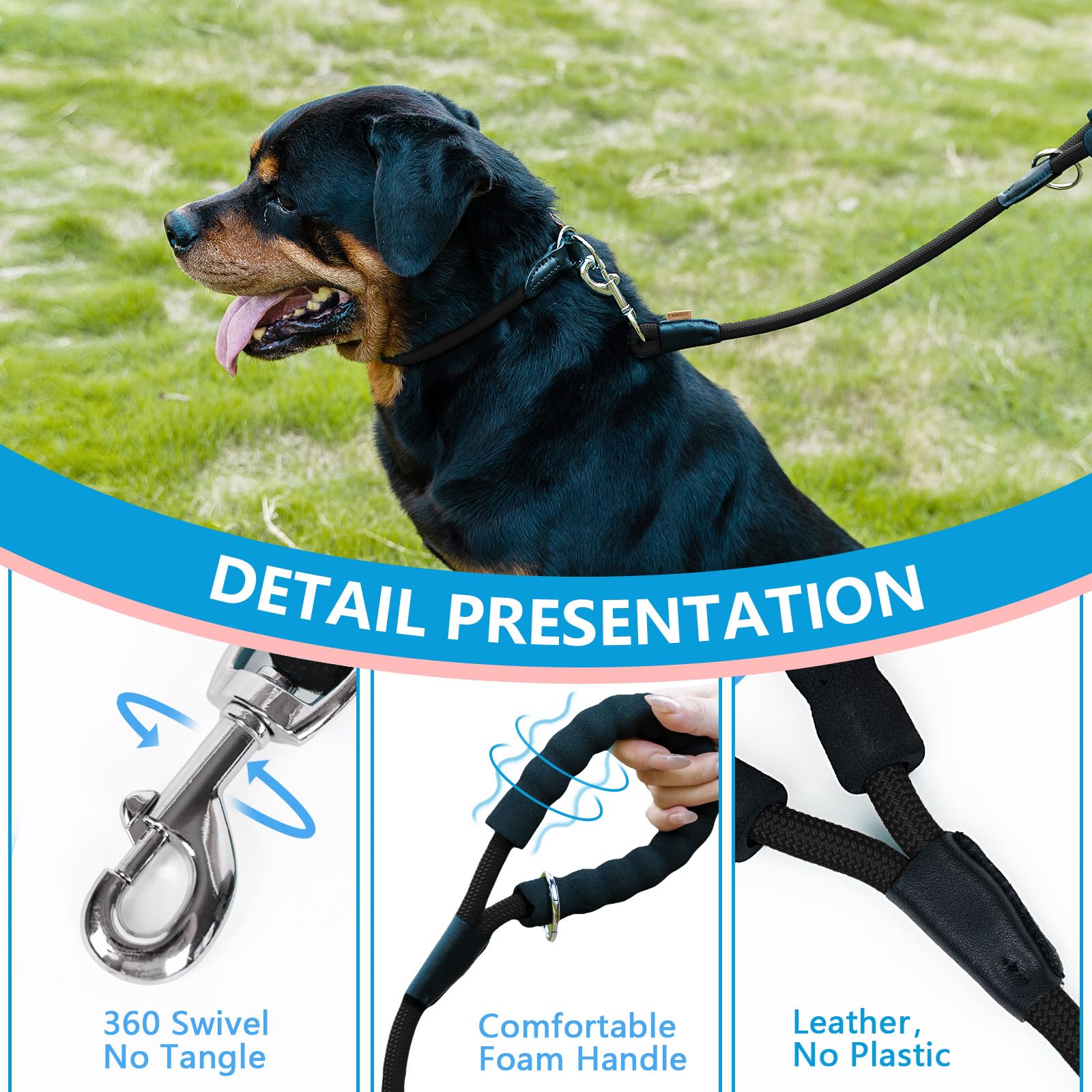 Aiminto Dog Leash, Braided Rope Traction - Walking Training Lead for Medium/Large Dogs ((1/2 '') x 2FT, Black)