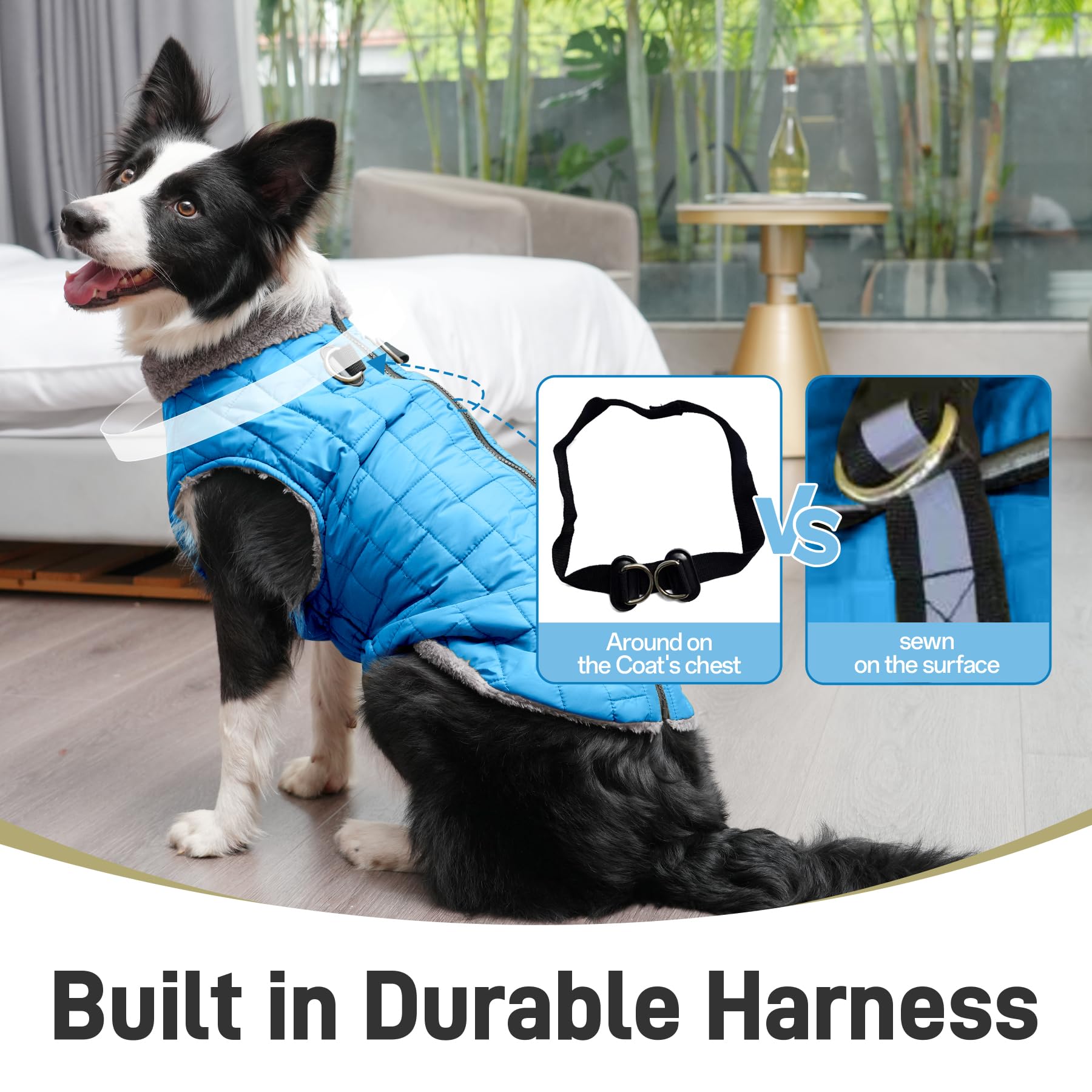 JoyDaog Warm Fleece Dog Coat with Built-in Harness, Waterproof, X-Large, Light Blue