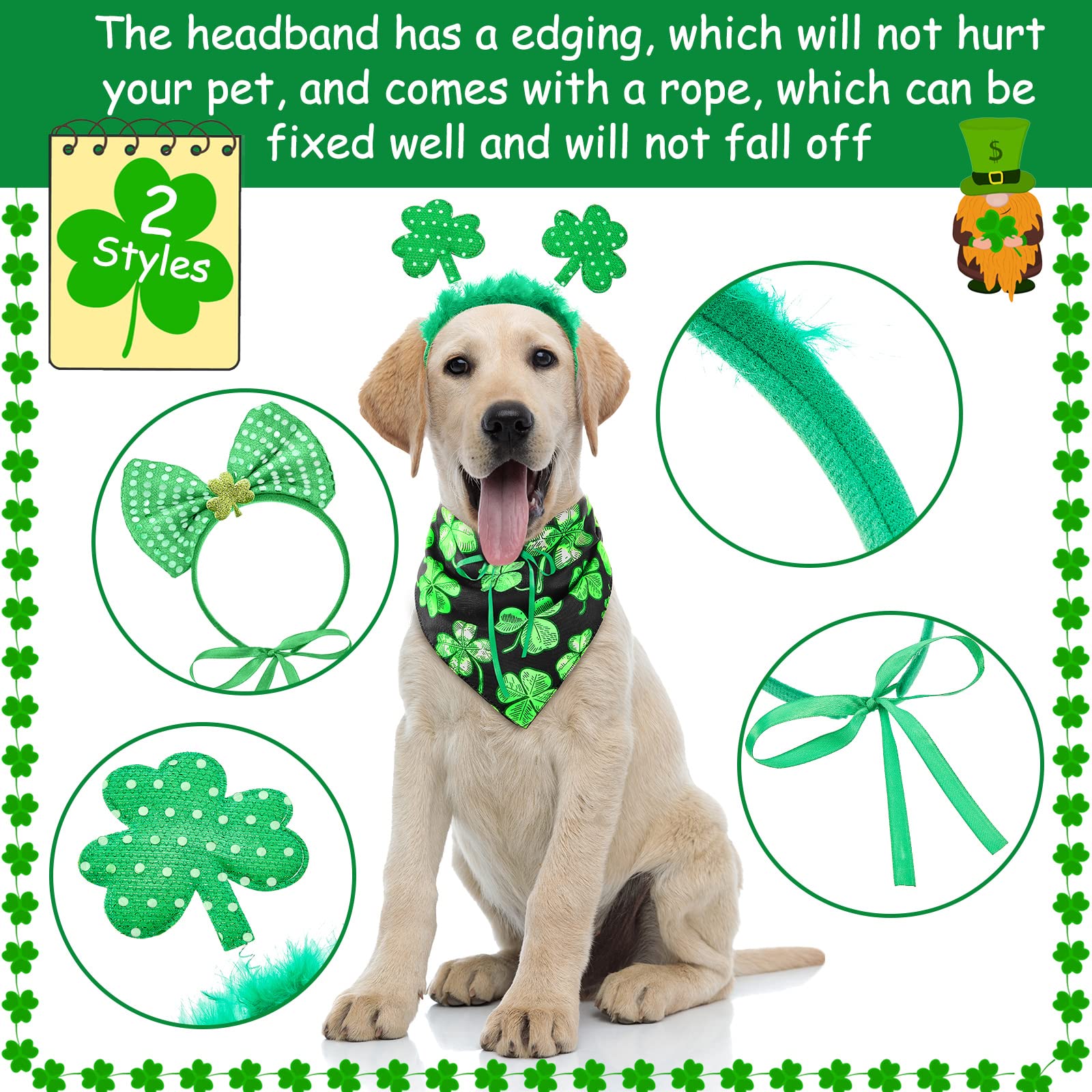 4 Pieces St Patrick'S Day Dog Costume 2 Sequin Irish Shamrock Headband Bowtie 2 Shamrock Dog Bandana Scarf For Pets Costume Deco