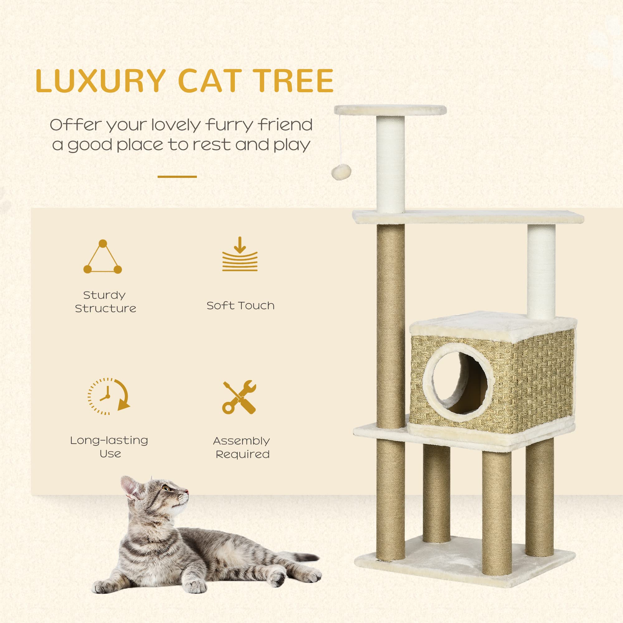 Pawhut Cat Tree Climbing Kitten Tower Activity Centre For Indoor Cats W/ Jute Scratching Post, Cat House, Kitten Stand, Hanging Toy Ball - Beige