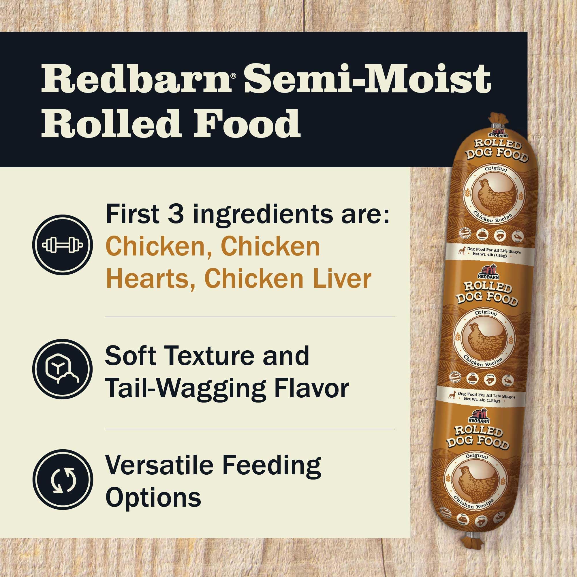 Redbarn All-Natural Premium Rolled Dog Food, Chicken Recipe - Soft Semi-Moist Wet Formula for High Protein Diet, Training Reward