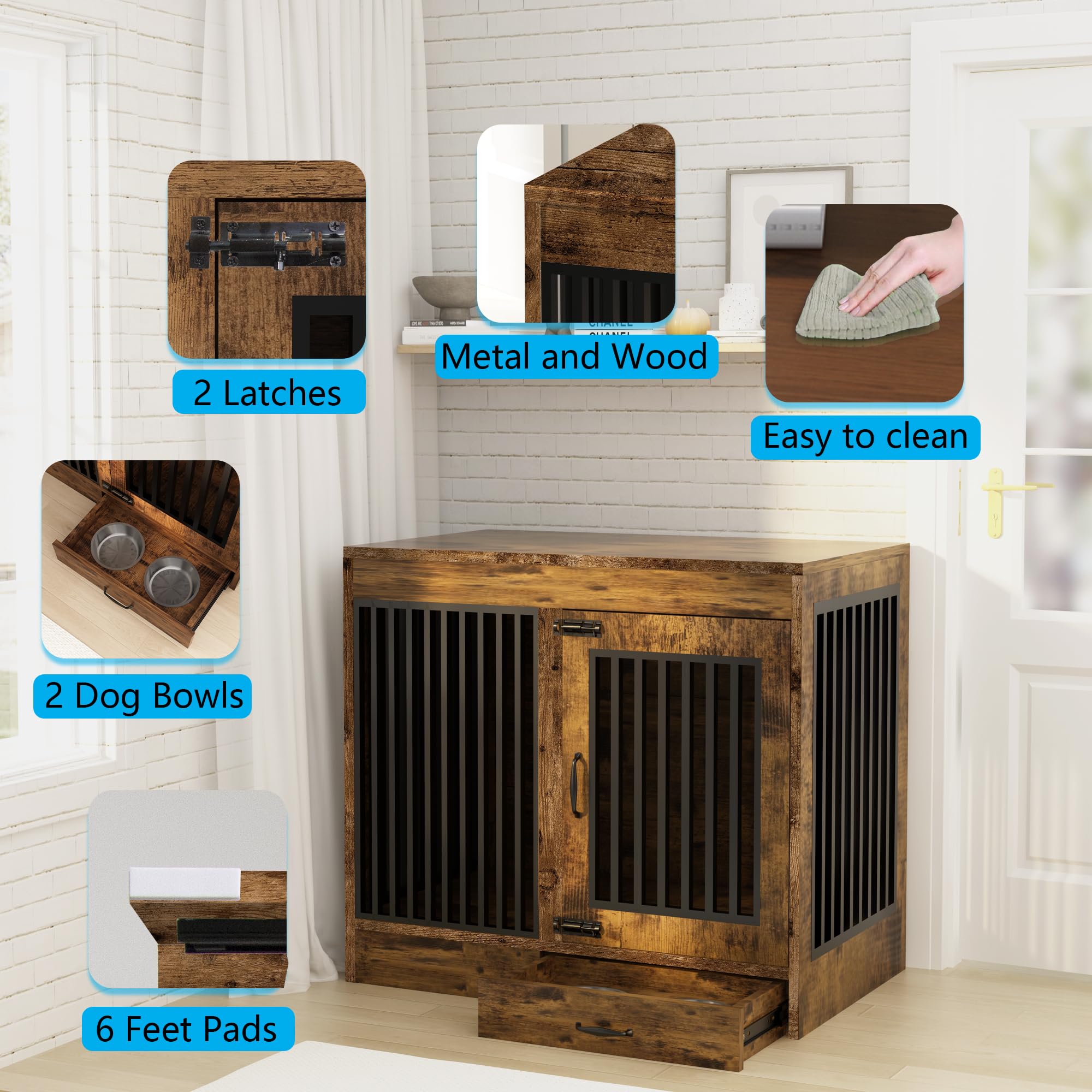 Yookare Rustic Brown Heavy Duty Furniture Dog Crate, Wood And Metal Kennel Cage, Pet House End Table With Drawer And Pull-Out De
