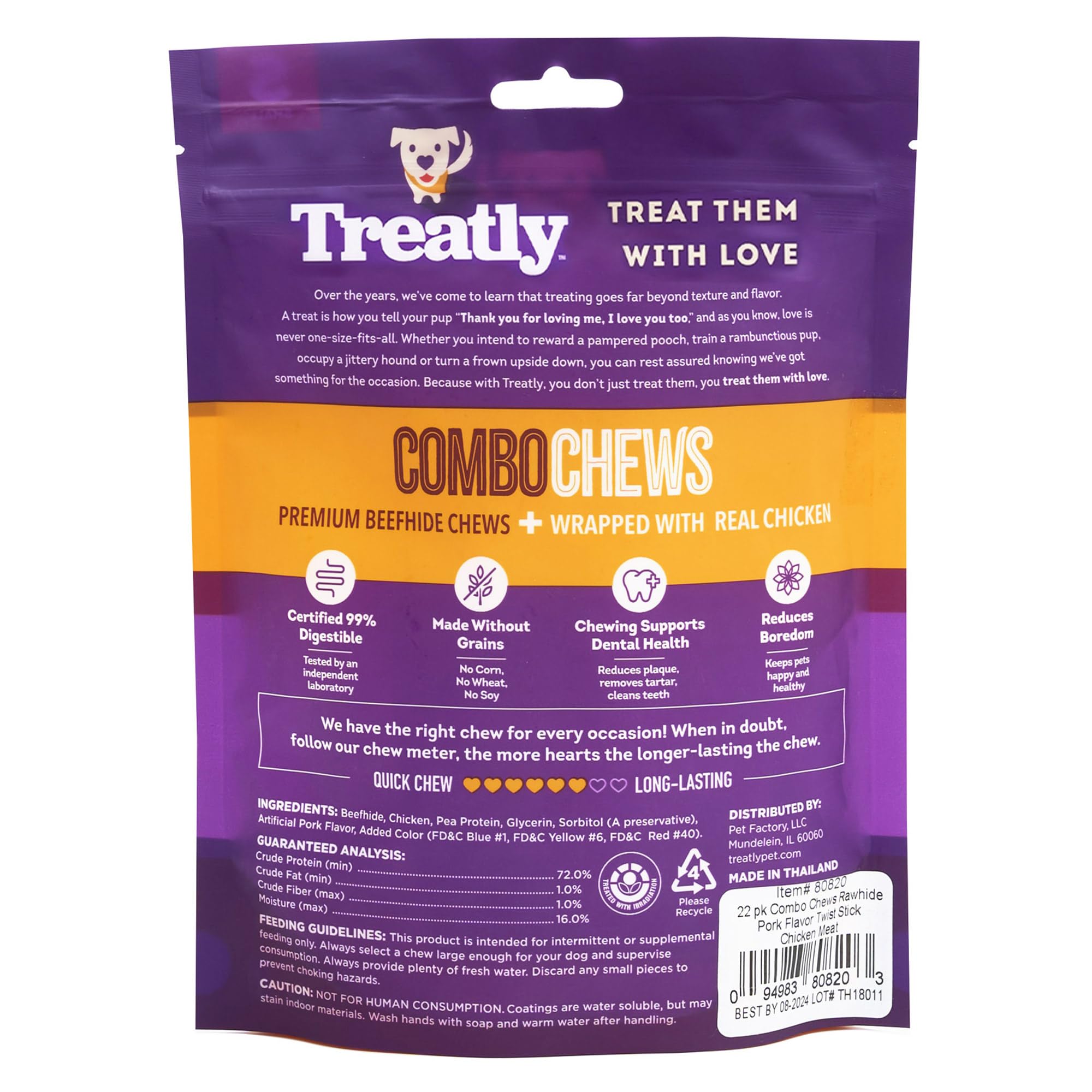 Treatly Dog Chew Treats - Combo Chews Rawhide/Pork Flavor w/Chicken Meat Wrap - 22 Count Pack