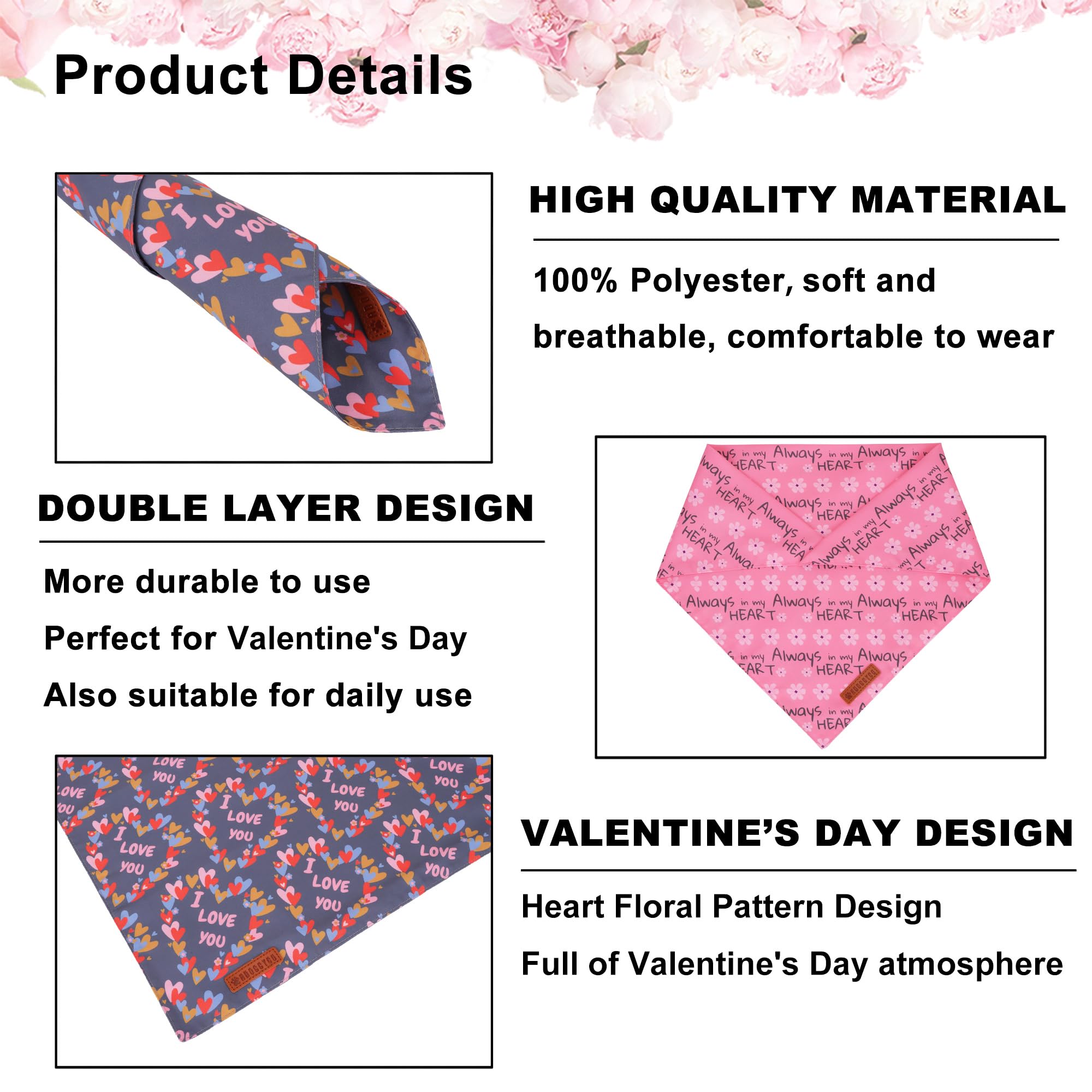 ADOGGYGO Valentine Dog Bandanas, Heart Love Floral Pet Scarf, Multi Size Offered, Pink Blue Pet Valentine Bandana for Large and