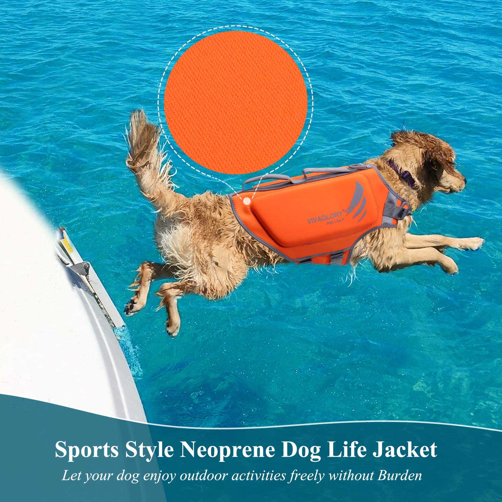 Vivaglory Lightweight Dog Life Jacket, Pet Life Preserver Life Vest Skin-Friendly Neoprene For Large Dogs With D-Ring And Quick