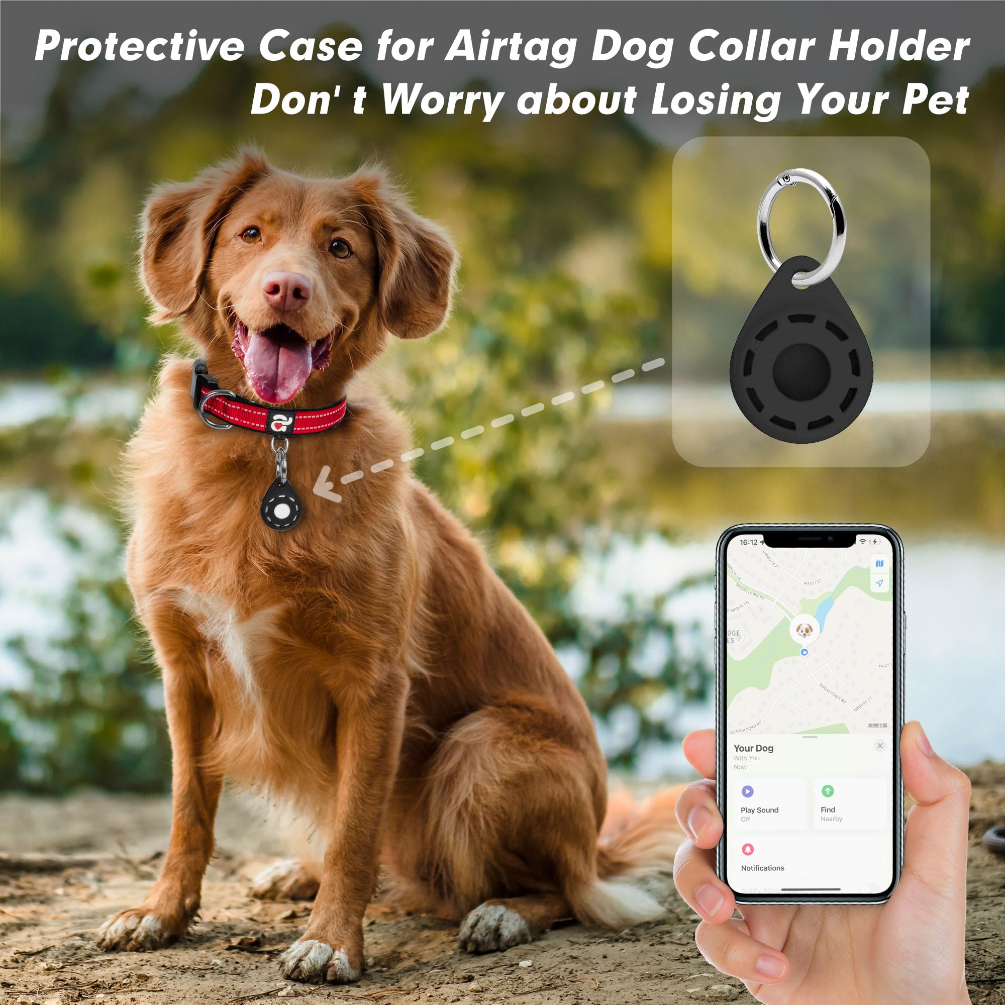 Azuza Reflective Dog Collar With Airtag Holder, Soft Neoprene Padded Pet Collar With Id Tag Ring, Adjustable For Large Dogs,Red,