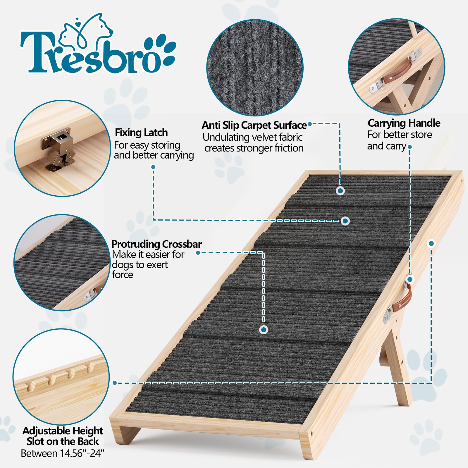 Tresbro Dog Ramp for Bed, 4-Level Adjustable 14.56''-24'', Anti-Slip, Wood, Supports 120LBS for Small to Large Dogs