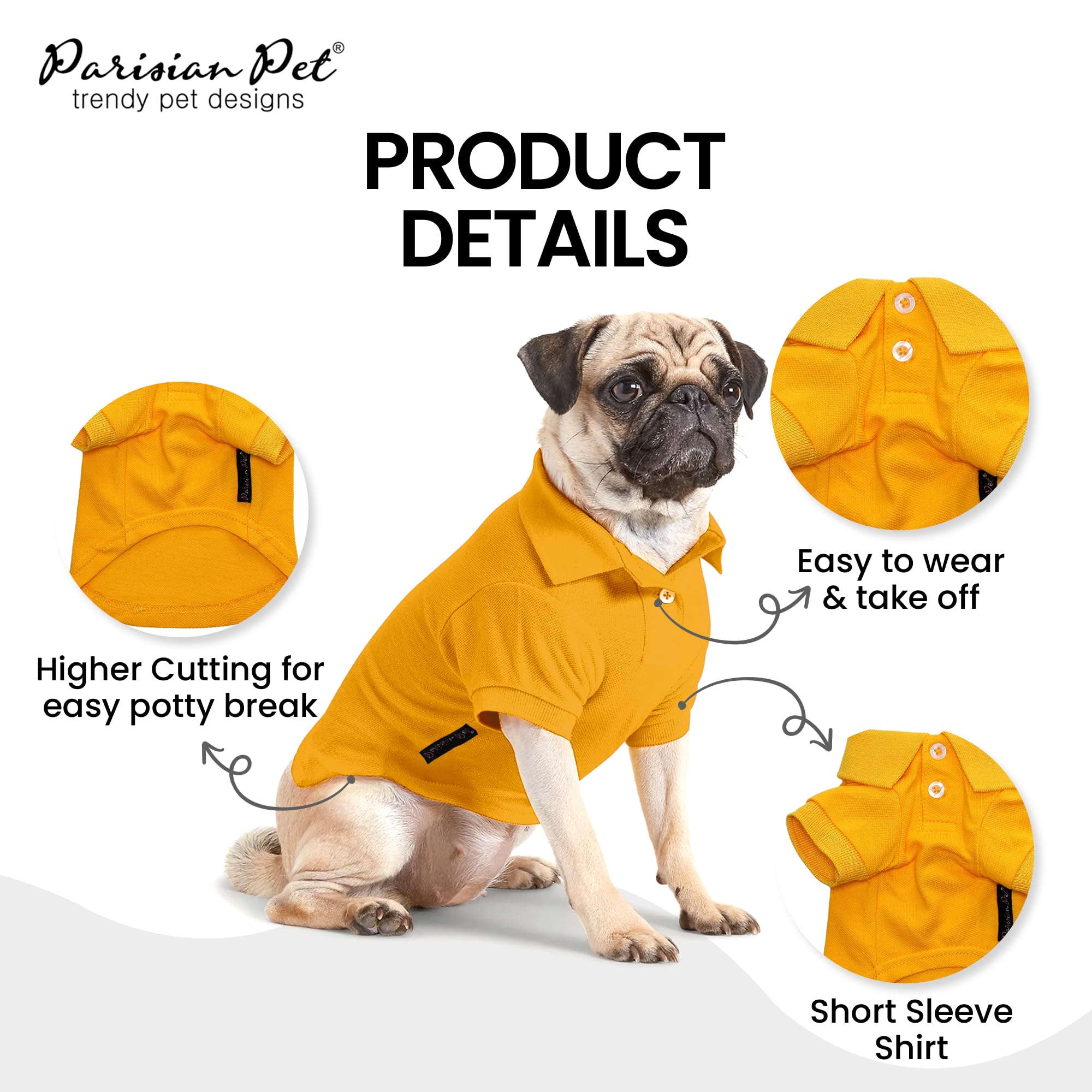 Parisian Pet Dog Polo Shirts - Breathable Cotton Shirt - Solid Yellow, Summer Pullover - Button Up Collar Polo For Large Dogs Xl