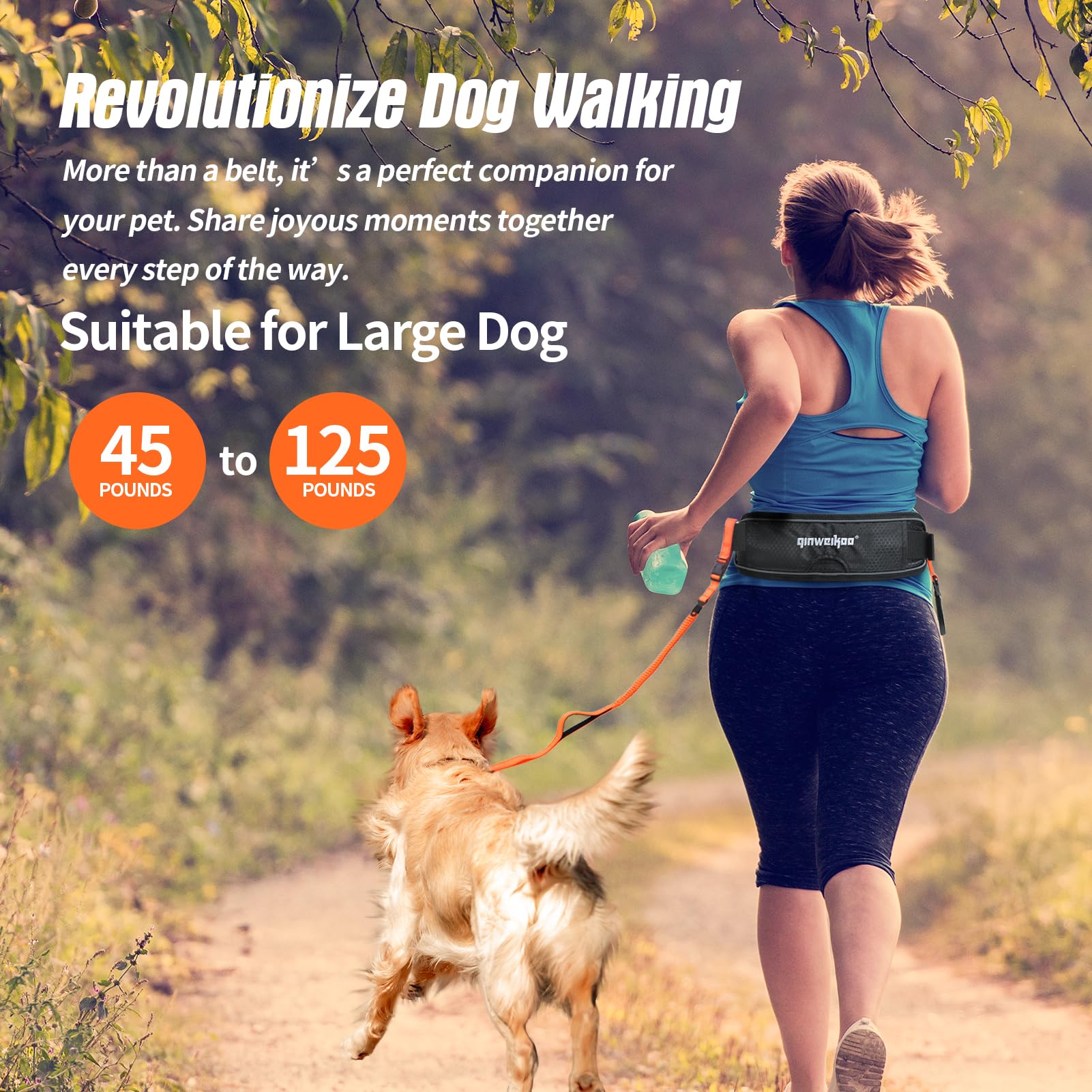 QINWEIKOO Premium Hands-Free Dog Leash, Adjustable Waist Belt, Shock Absorbing, Reflective, for Dogs up to 125 lbs, Black&Orange