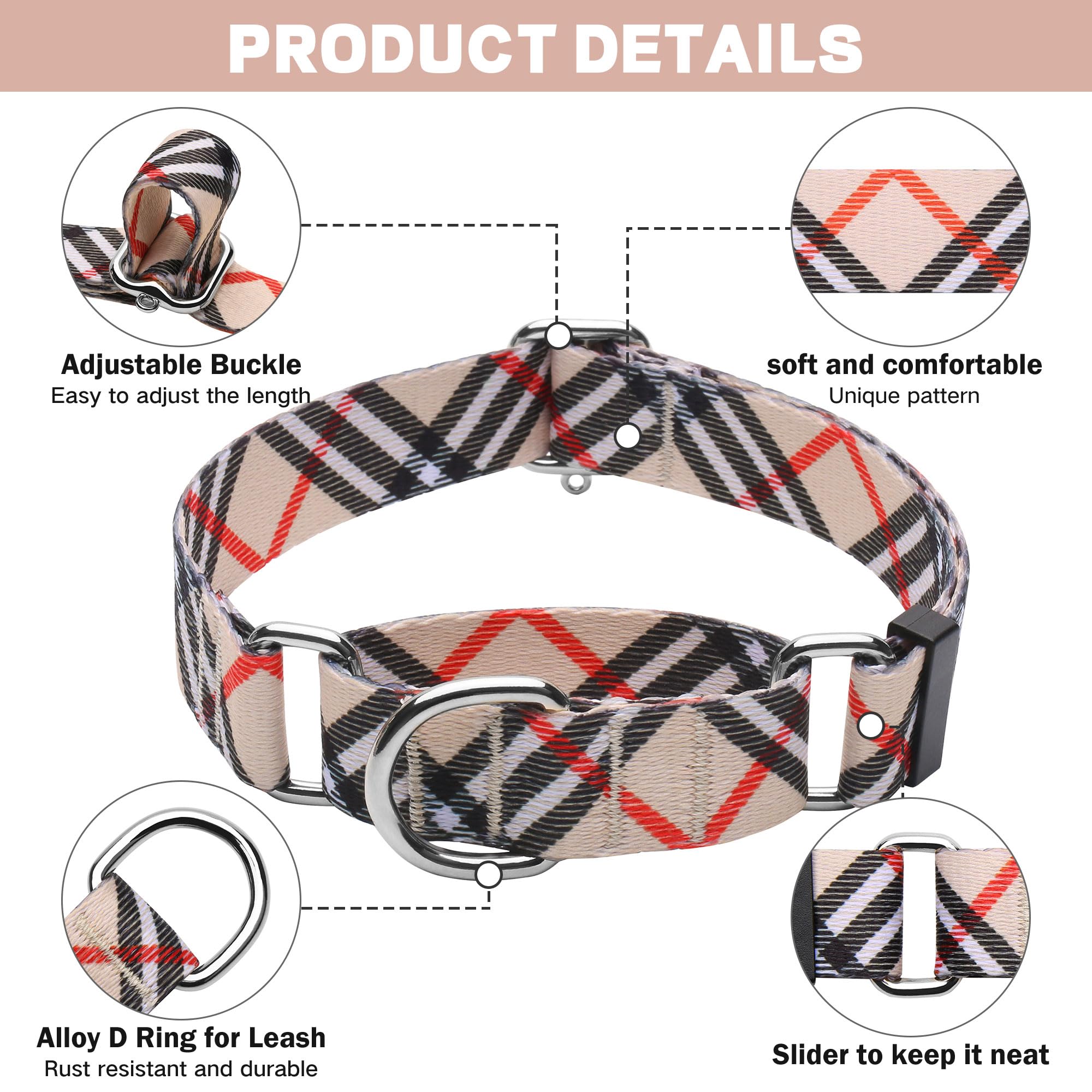 Hikiko Martingale Collar For Dogs With No Buckle Nylon Training Dog Collars For Large Dogs,Khaki Plaid,L