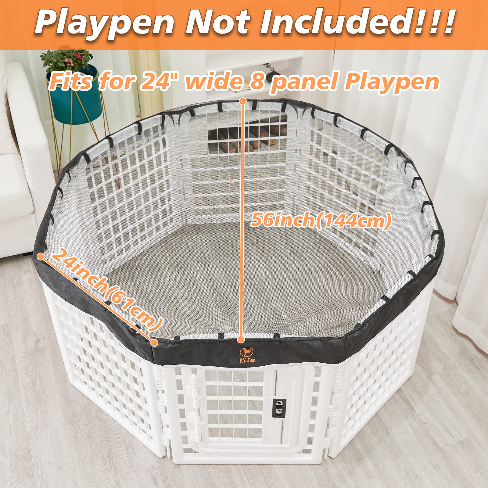 Pjyucien Dog Playpen Mesh Top Cover, Fits 24 Inch 8 Panels Regular Octagon Plastic Exercise Pet Pen, Adhesive Tape Connections,