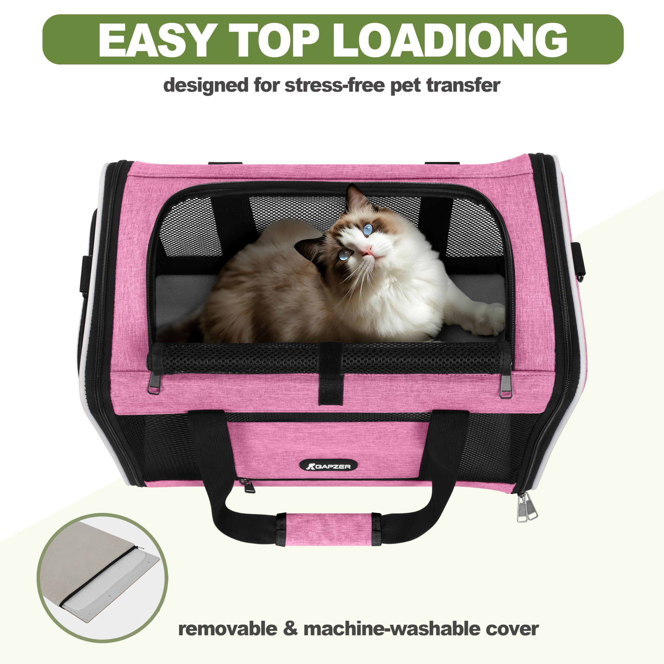 GAPZER Cat Carrier 18x11x11 Delta Airline Approved, Easy Load Soft Pet Plane Travel Bag 15 pounds, Teacup Dog Crate 12 lbs, York